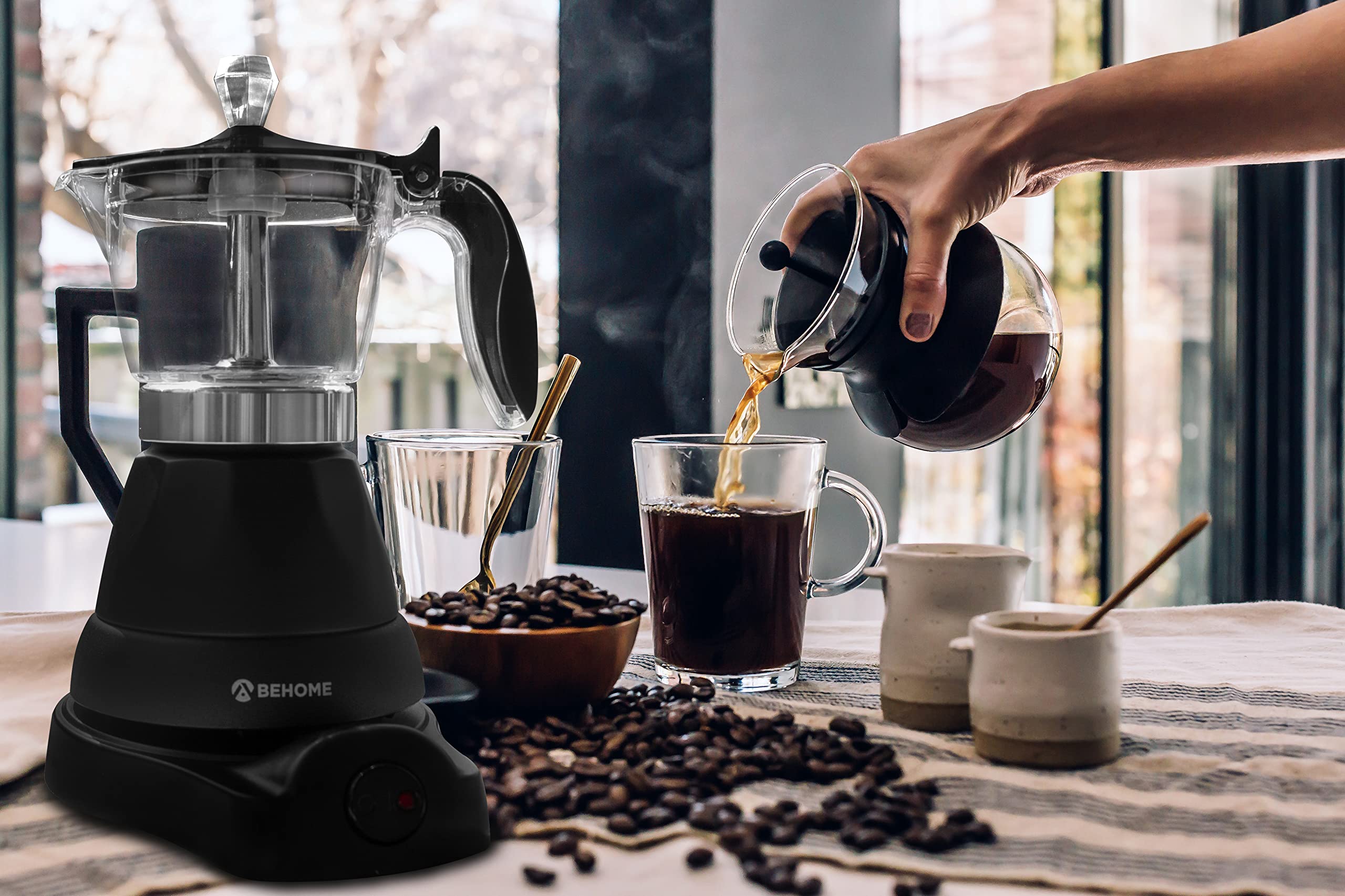 BEHOME Cafetière Italienne Espresso électrique 3 tasses | Machine à café électrique avec réducteur 1 tasse | Fermeture automatique, maintien du Café Chaud 30 min, base rotative 360°