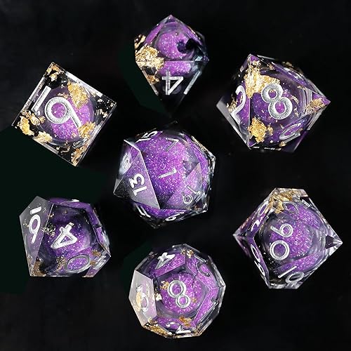 Liquid Core DND Dice Set 7pcs, Resin Sharp Edged Polyhedral Dice for Dungeons and Dragons, Handmade RPG D20 D12 D10 D8 D6 D4 Dice, Gold Foil Themed D&D Dice Role Playing Dice - Purple