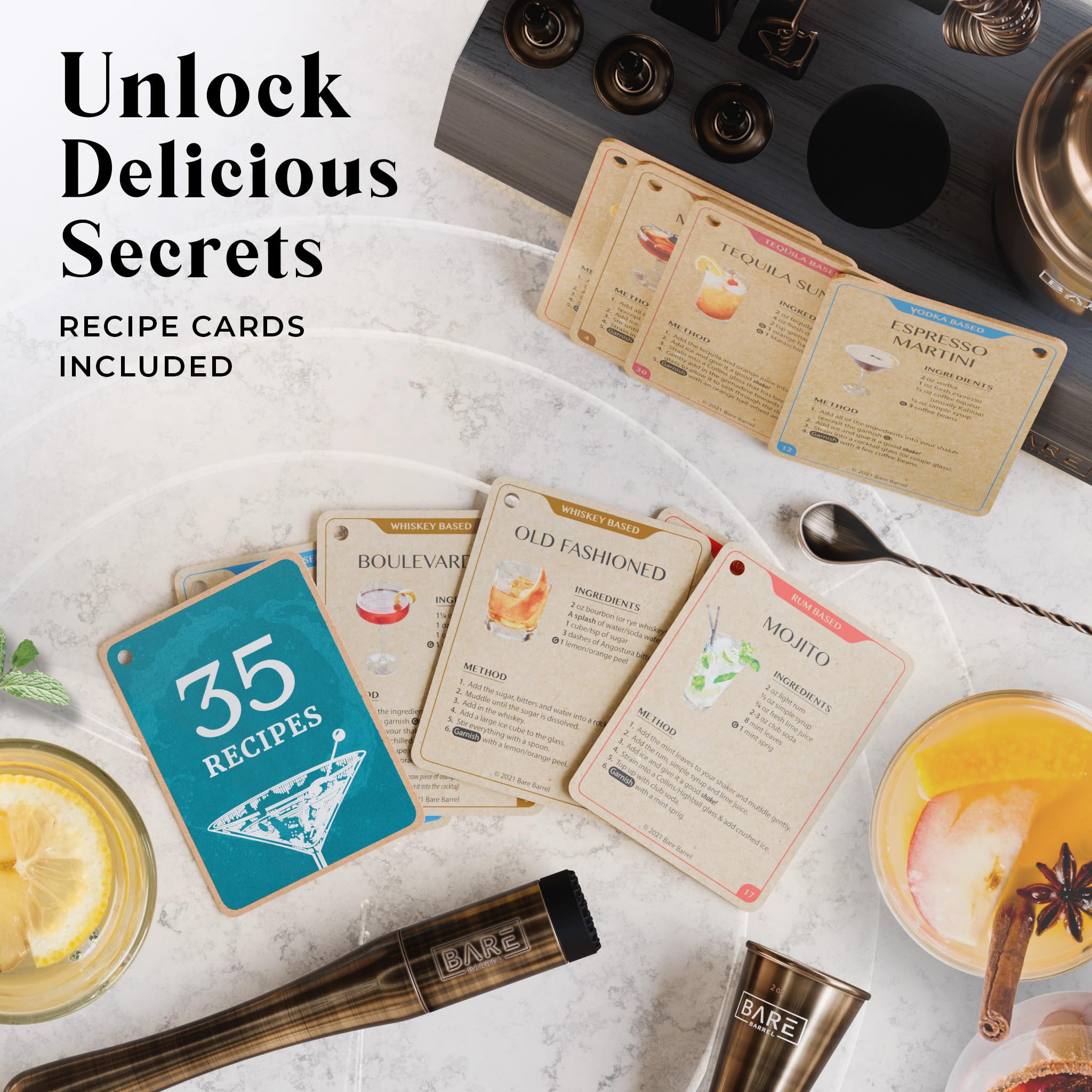 BARE BARREL® Mixology Bartender Kit Bar Set | 14-Piece Cocktail Shaker Set | Martini Barware Mixing Tools for Home Bartending | Incl. 35 Recipe Cards | Gift Set (24oz Cobbler Shaker, Brass/Black)