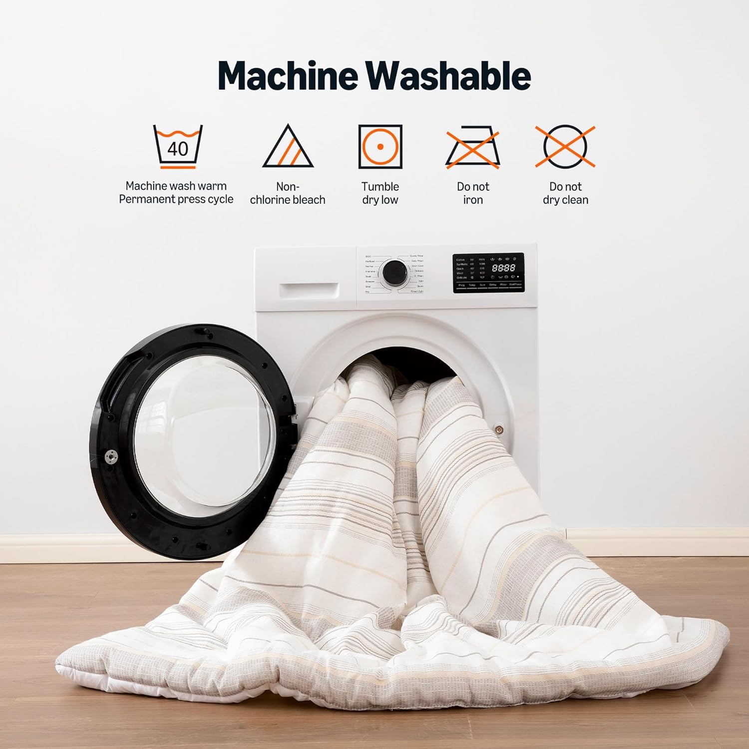 Amazon Basics Comforter Set, 3-Piece Jacquard Microfiber Comforter and 2 Pillow Shams, All-Season Bedding, Queen, Beige Striped - Image 5