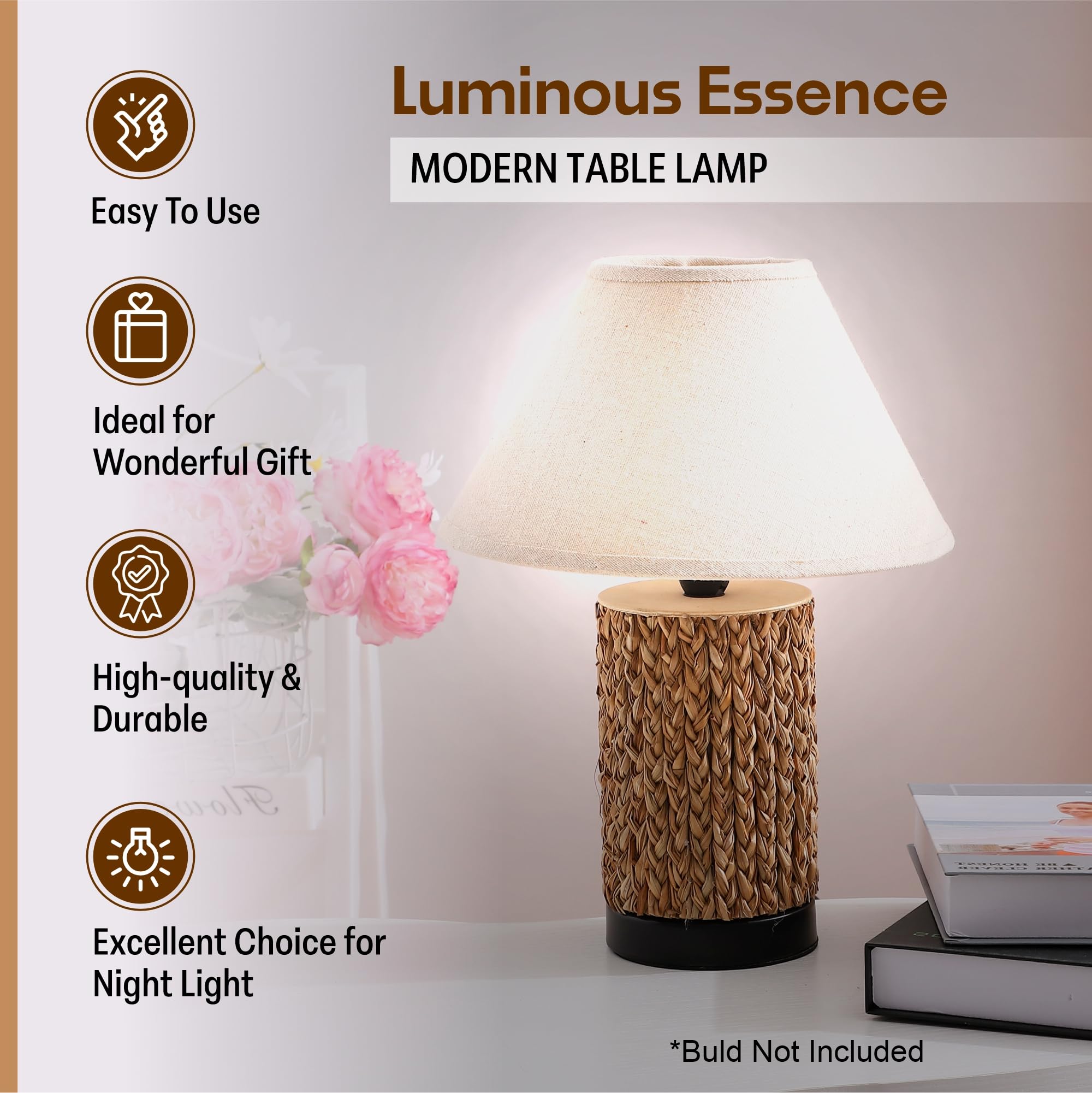 Kuber Industries Aesthetic & Modern Bedroom Lamp for Side Table | Office & Desk Table Lamp for Living Room and Home Decor with Fabric Shade & Wood, Iron Base | Beige & White-23AT30