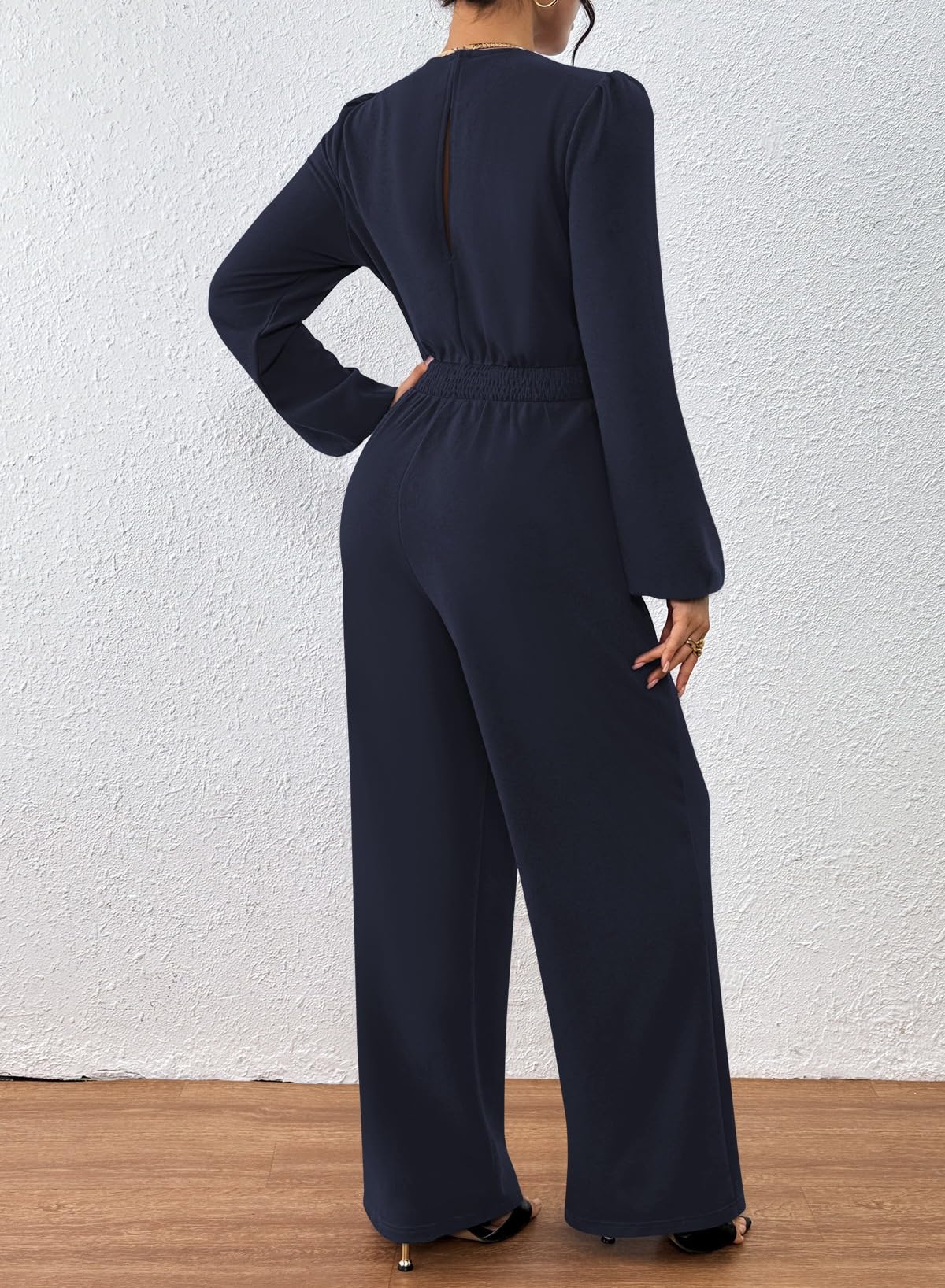 Pink Queen 2025 Jumpsuits for Women Dressy Long Sleeve V Neck Wide Leg Pants Romper Business Casual Outfits