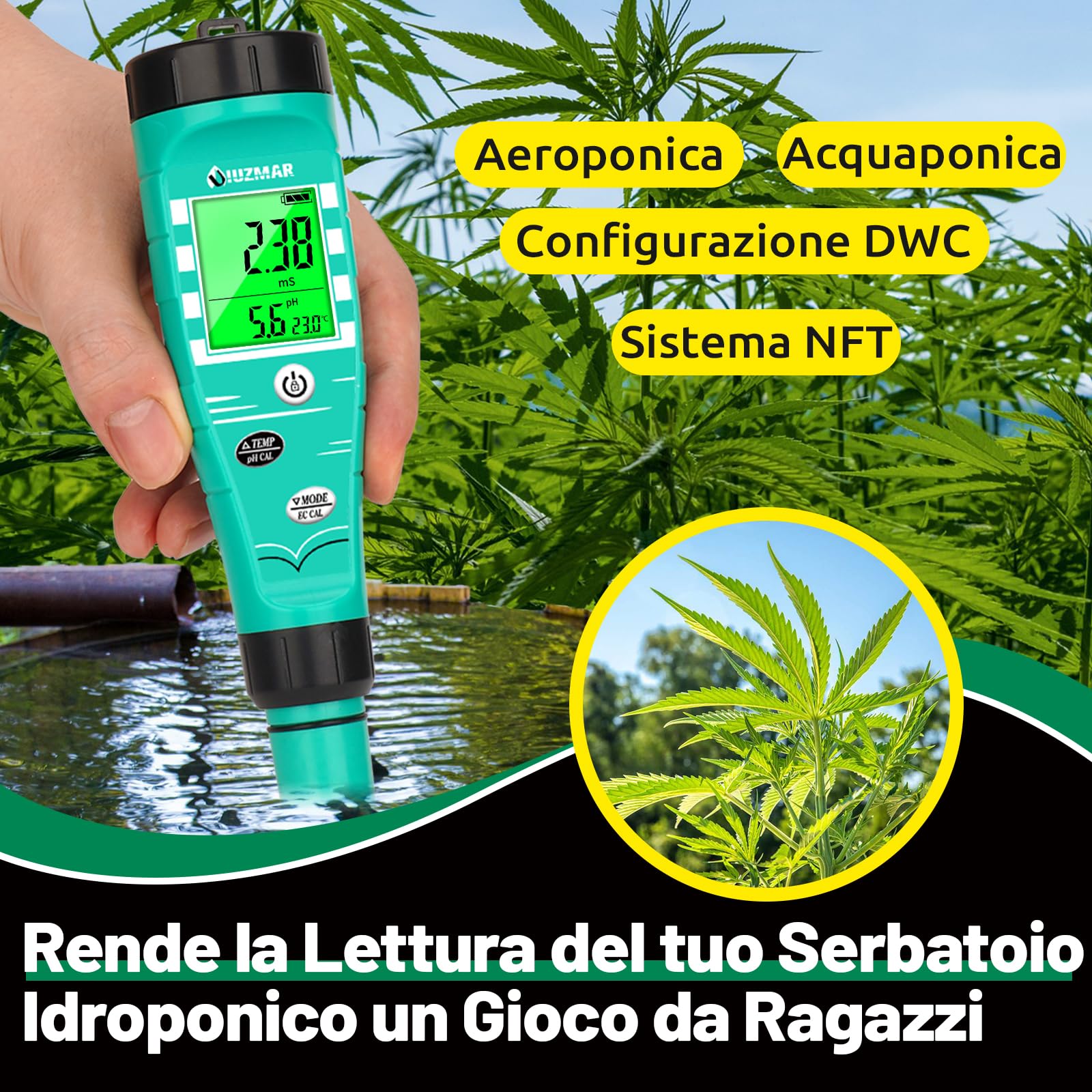 UIUZMAR Misuratore di pH EC Idroponica, phmetro Acqua, Misuratore pH e TDS per Sistema Idroponico, Misurazione Simultanea di pH EC TDS Temperatura per Aeroponica, Acquario, Laghetto