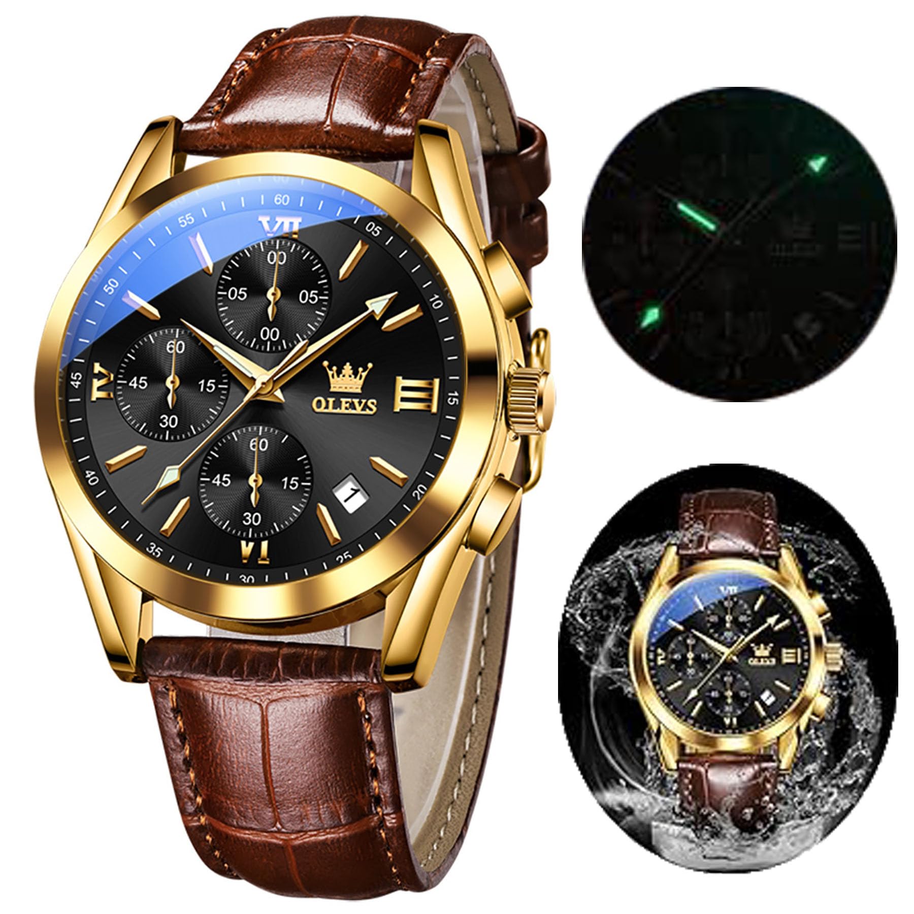 OLEVS Men's Casual Fashion Waterproof Gold Stainless Steel Band Quartz Gold Watches Gifts for Men leather strap black dial