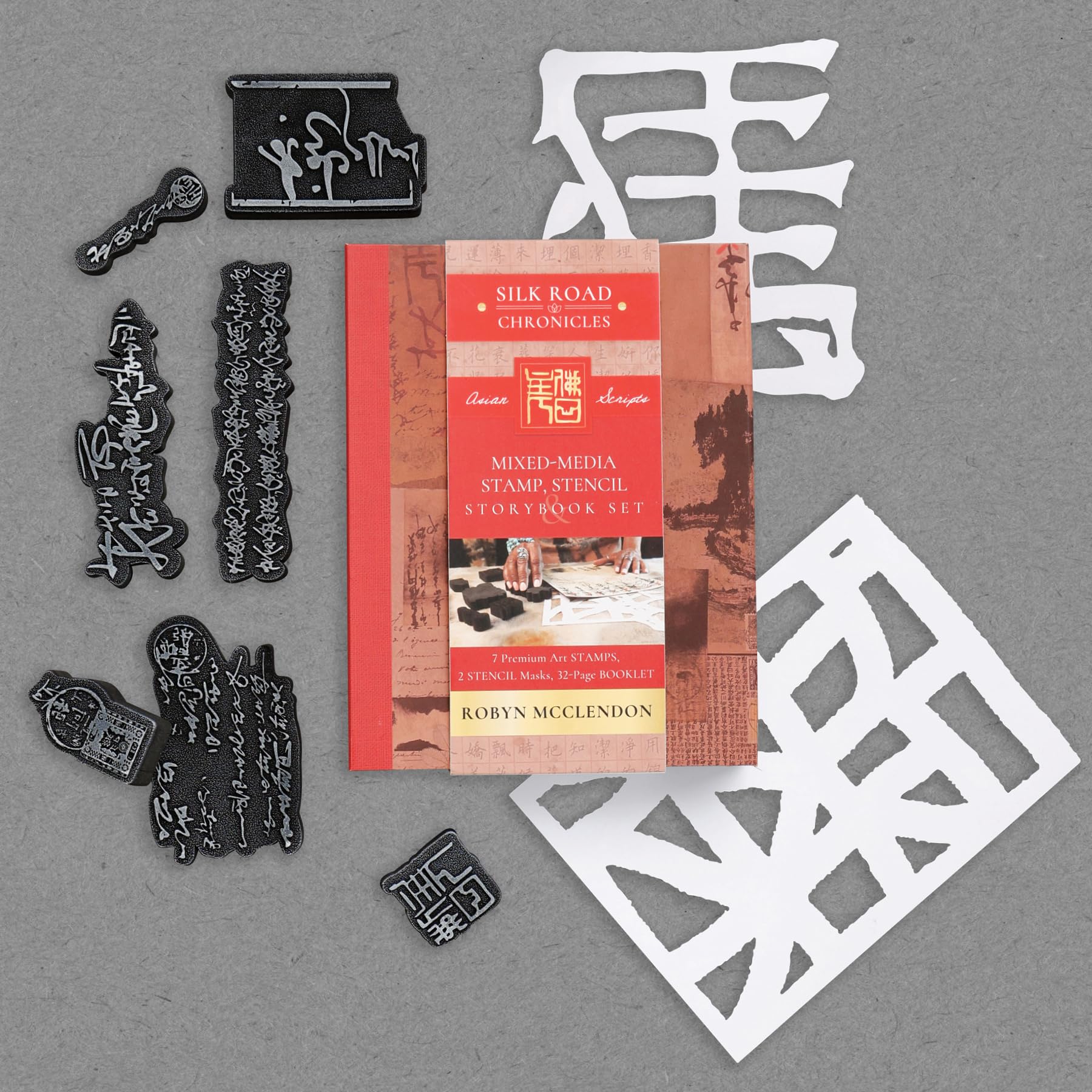 Mixed-Media Stamp, Stencil, and Storybook Set Asian Scripts: 7 Premium Art Stamps, 2 Stencil Masks, and 32-Page Instruction Booklet: 7 Premium Art ... for Gel Plate Printing (Silk Road Chronicles)