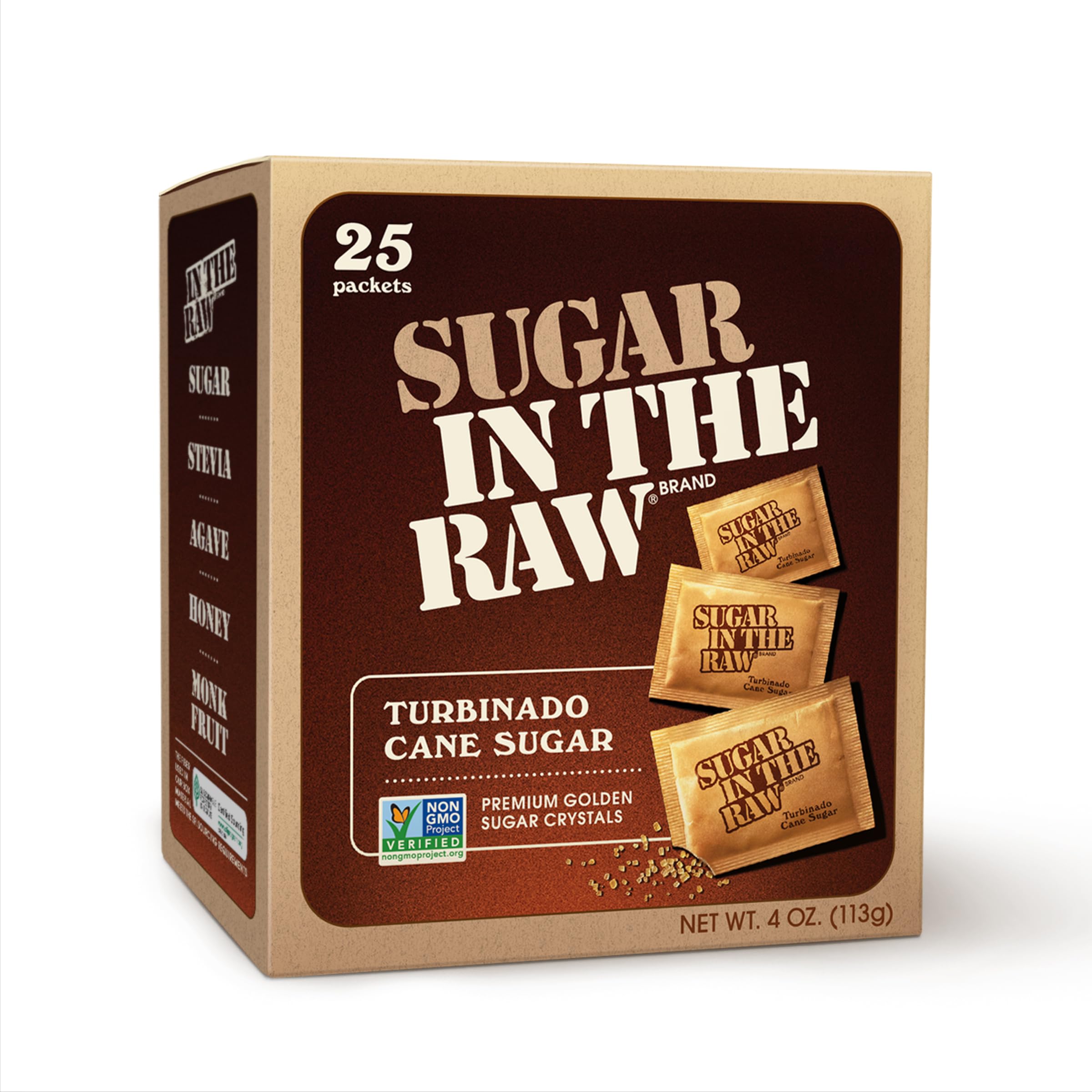 Sugar In The Raw Turbinado Cane Sugar Packets, 25 Ct, Pure, All-Natural Turbinado Sugar, Non-GMO Project Verified, Kosher, Vegan and Gluten Free
