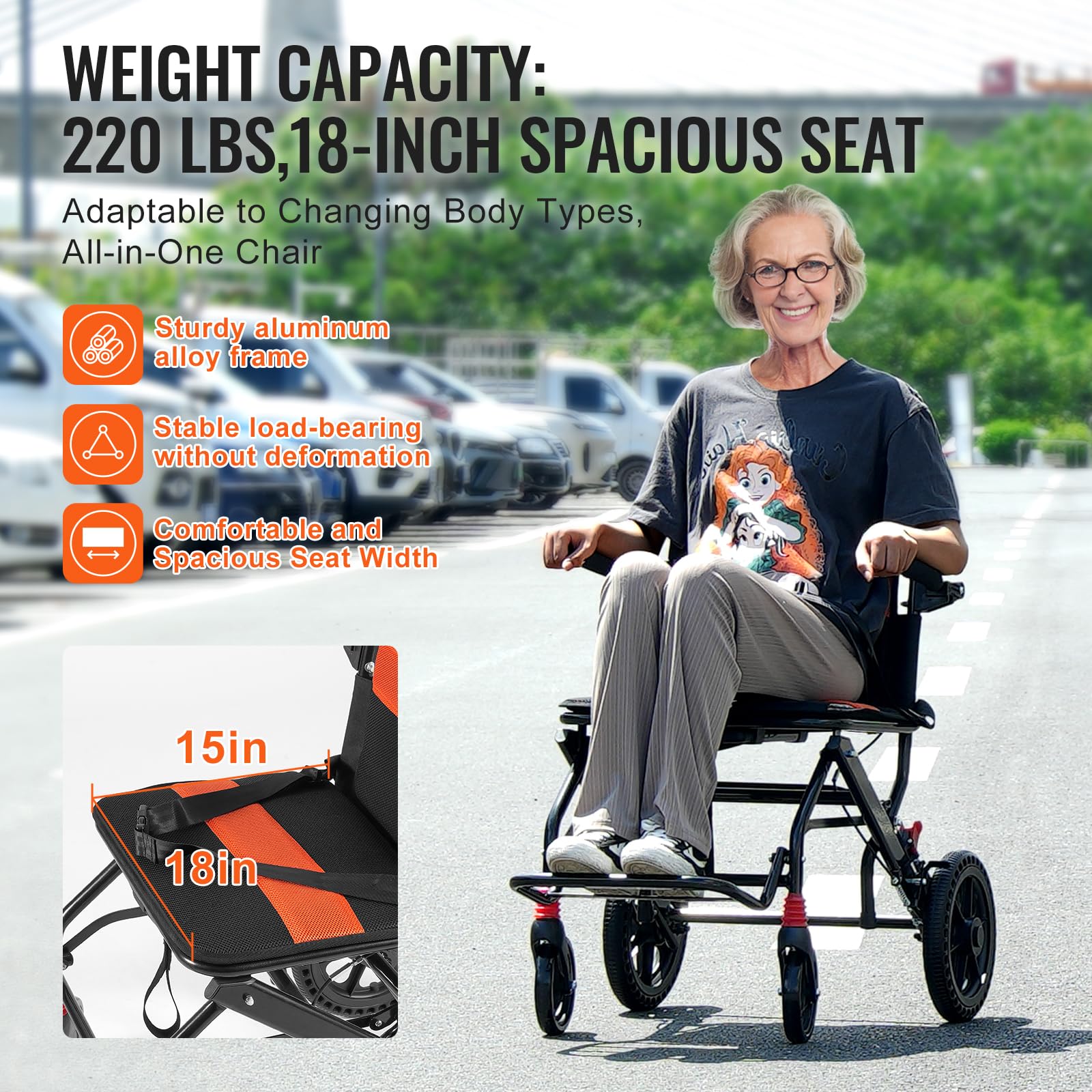 VEVOR Silla de Ruedas Plegable de Transporte Ultraligera de Aleación de Aluminio para Adultos, con Brazos Abatibles hasta el Largo del Escritorio, Freno Autoblocante, Carga 100 kg, 915 x 580 x 912 mm