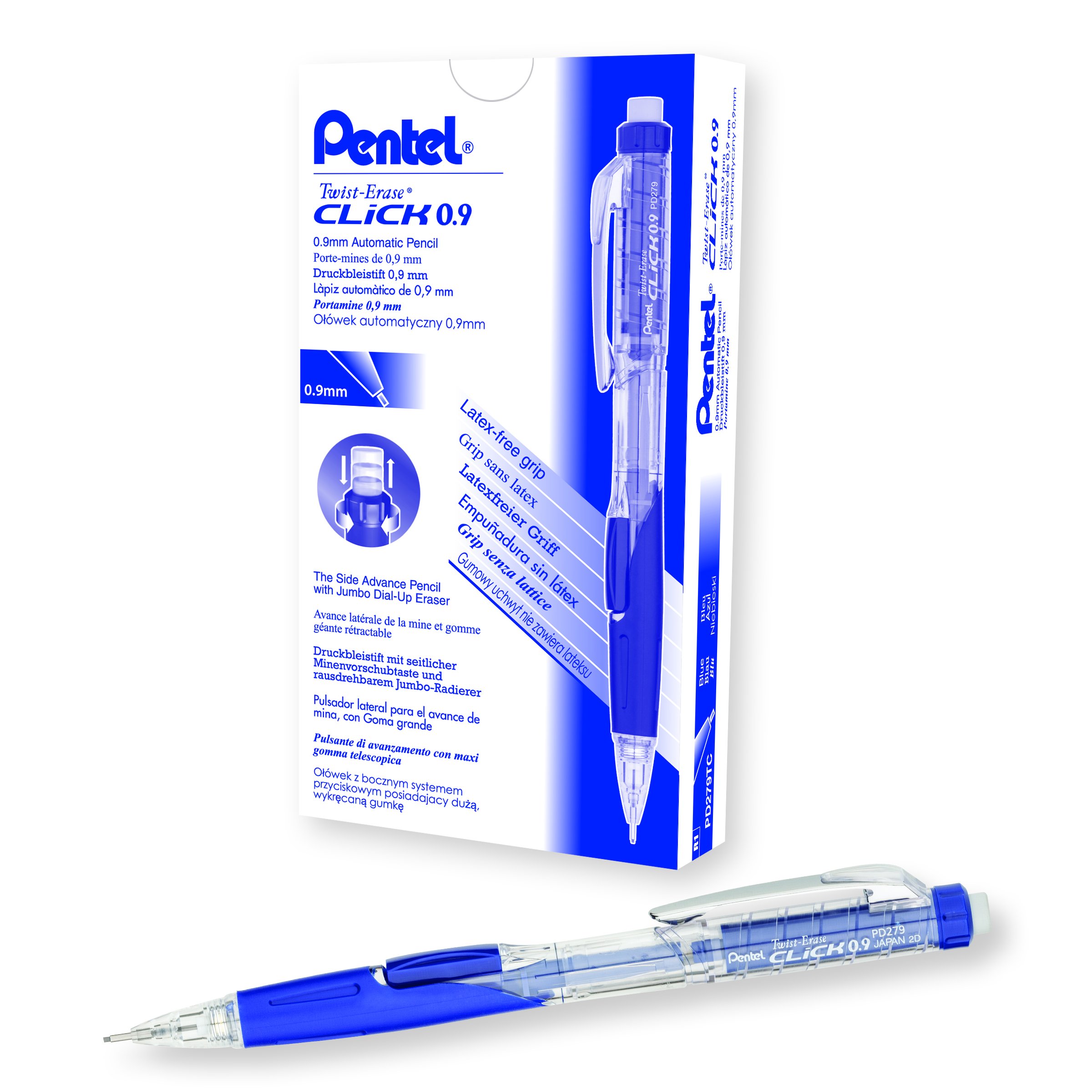 Pentel Twist Erase CLICK Mechanical Pencil, 0.9mm, Clear Barrel, Box of 12 (PD279TC-R1)