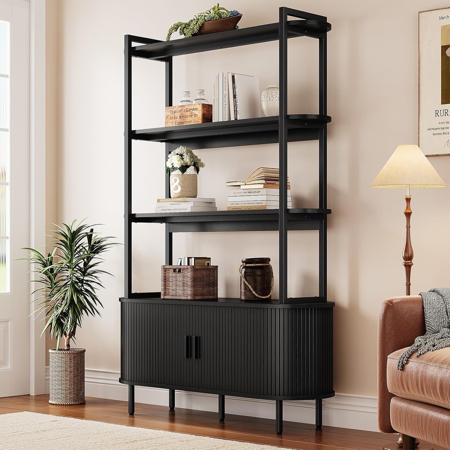 ComfyCorner 5-Tier Bookshelf with Fluted Cabinet & Sliding Door - Modern Metal Wood Tall Bookcase for Living Room Office Storage, Black