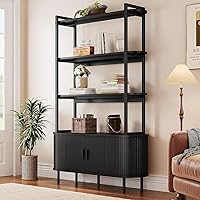 ComfyCorner 5-Tier Bookshelf with Fluted Cabinet & Sliding Door - Modern Metal Wood Tall Bookcase for Living Room Office Storage, Black