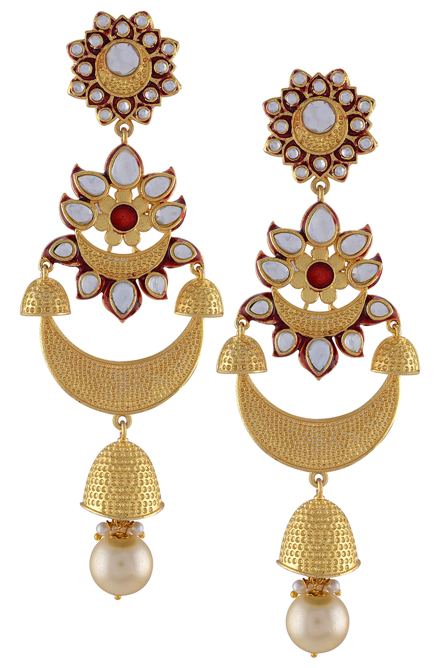 tribe Malya Metal & Enamel and Pearl Jhumki Earrings for Women, Red-picture-6