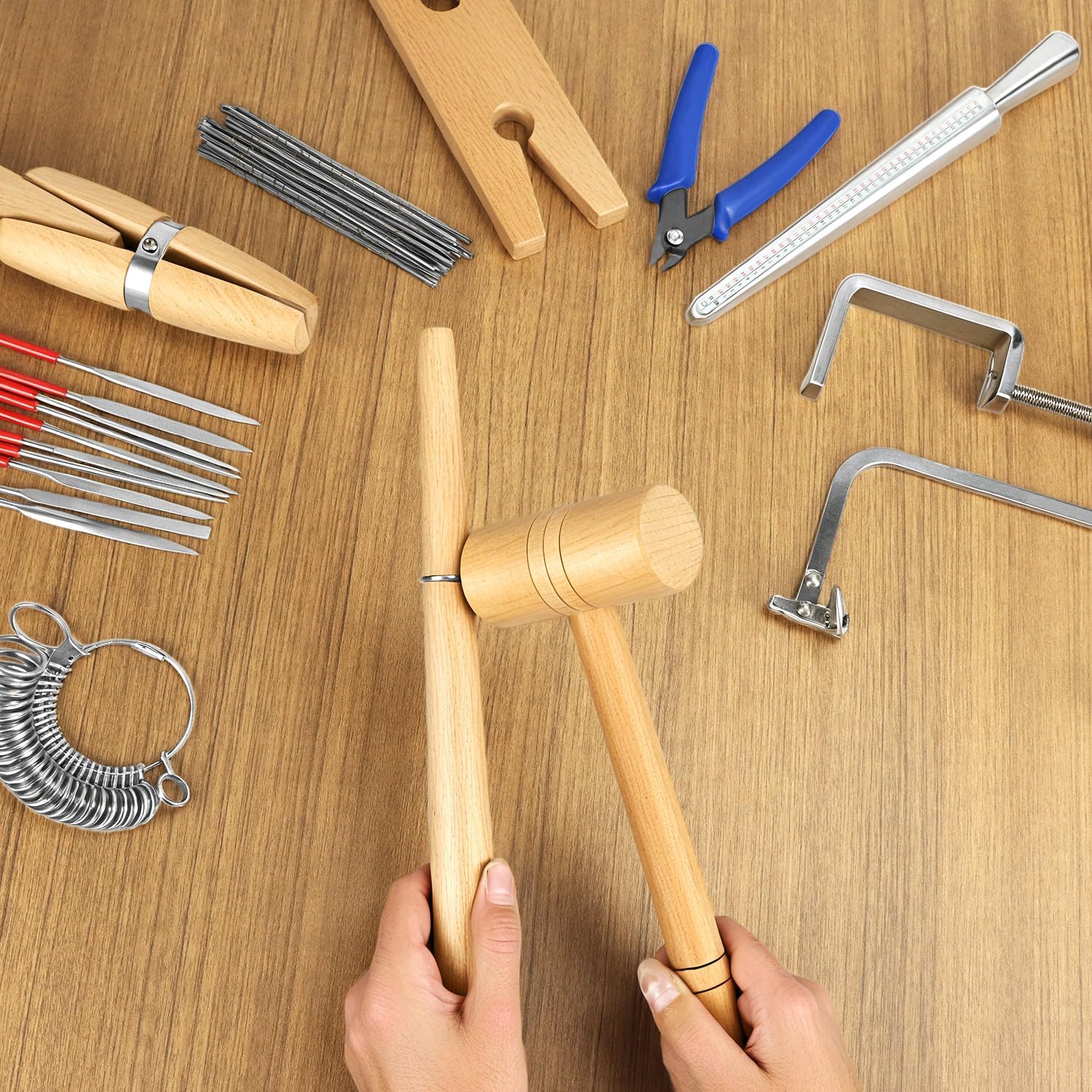 QWORK Jewelers Making Tools Set with Jeweler's Saw, Assorted Blades, Bench Pin, Ring Sizer Measuring Tools, Hammer Stick for Jeweler Molds Making