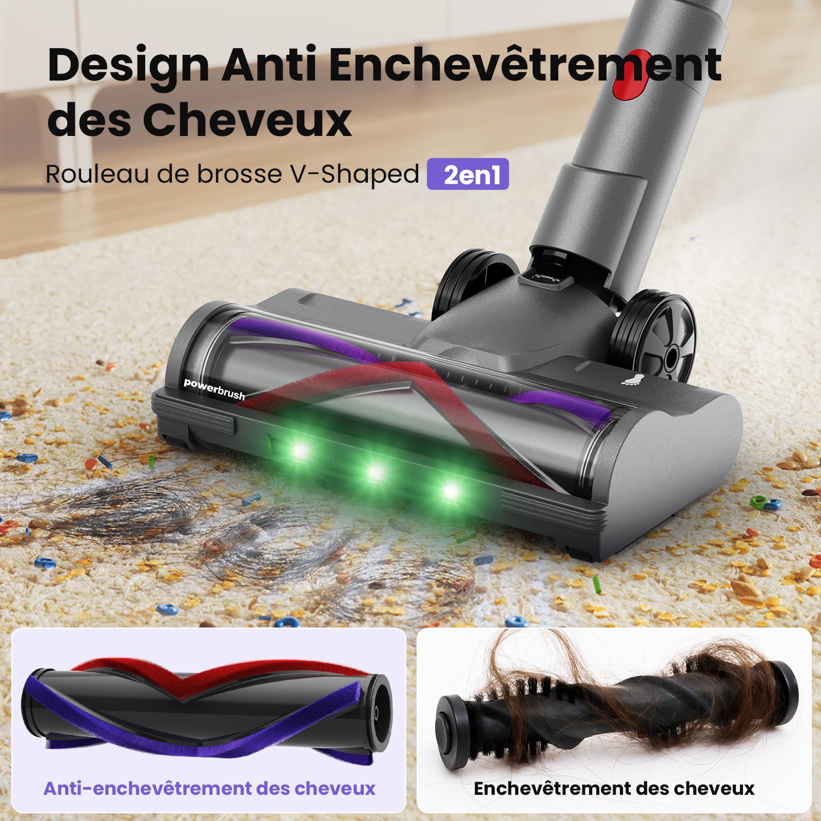 Aspirateur Balai sans Fil 600W/58000Pa/75min, Aspirateur sans Fil Puissant avec Écran LED Intelligent, Brosse Anti-emmêlement, Station de Charge, pour Tapis, Sols Durs, Poils d'animaux