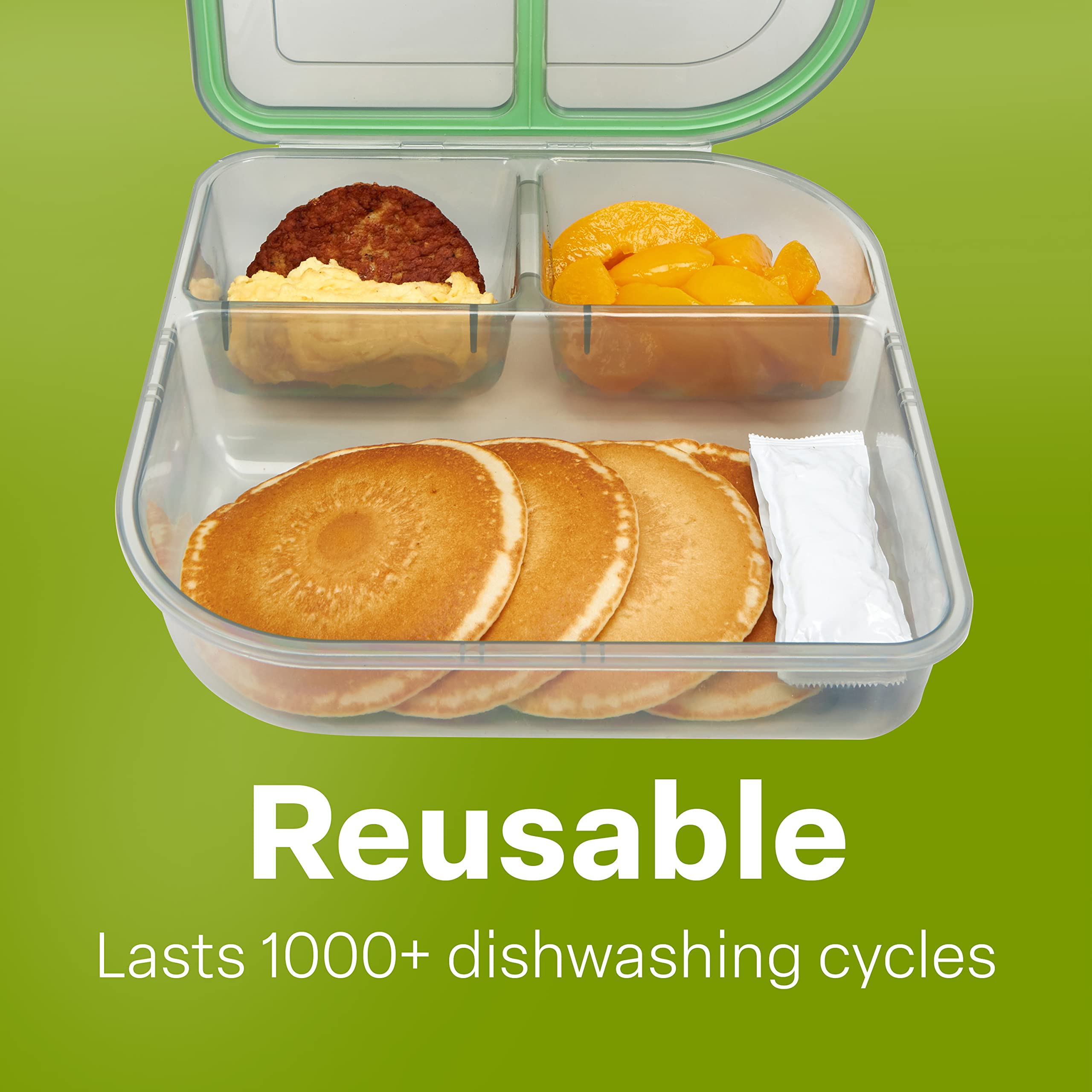 MyGo Container Grandes contenedores para alimentos de 3 compartimentos, paquete de 3, 9-3/8" x 9-3/8" x 2-1/2", reutilizables, apto para microondas, certificado NSF, humo/verde