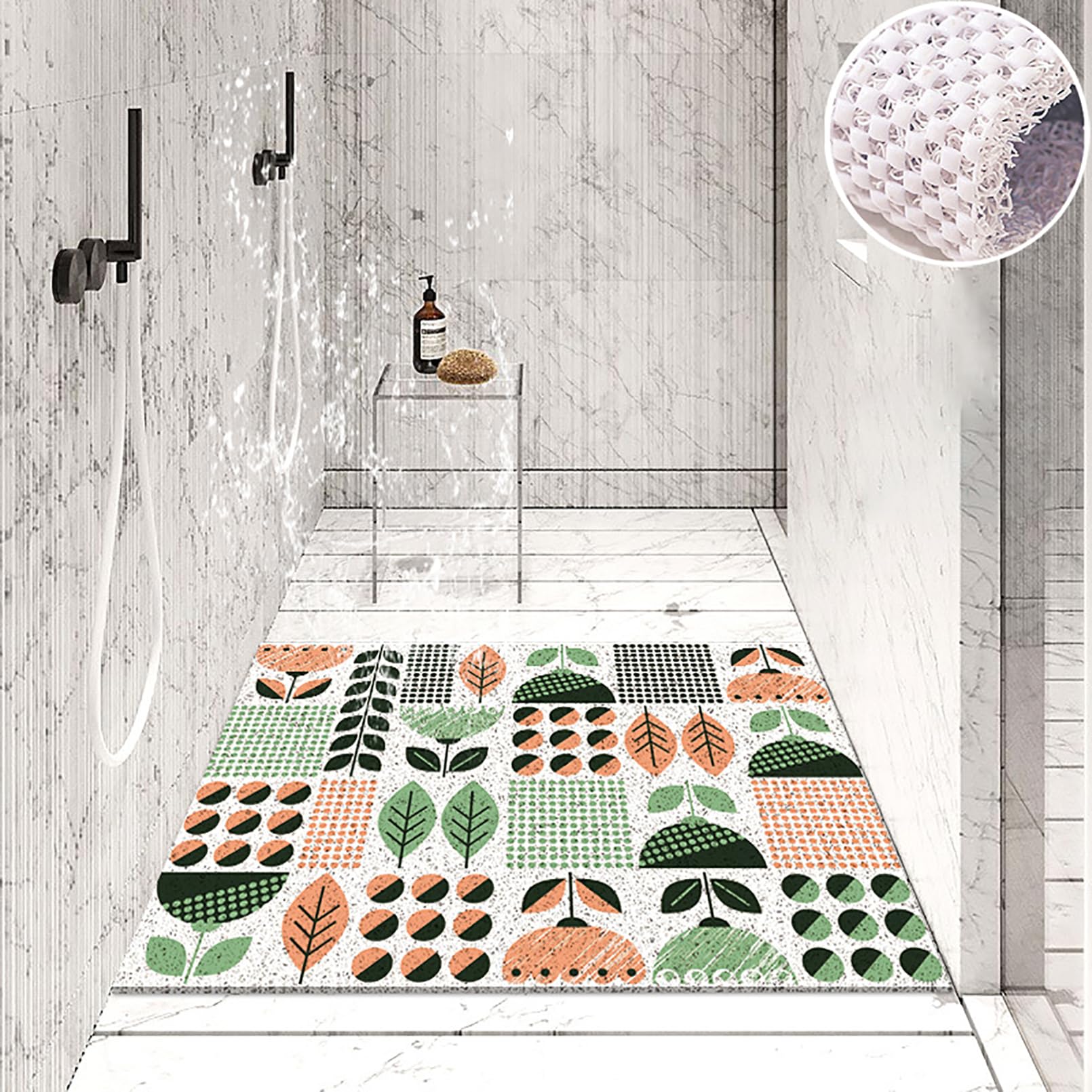 Tappetino da doccia antiscivolo, 40 x 60 cm, morbido e confortevole, antiscivolo, alla moda e lucido, in PVC, con ganci, alta permeabilità all'acqua