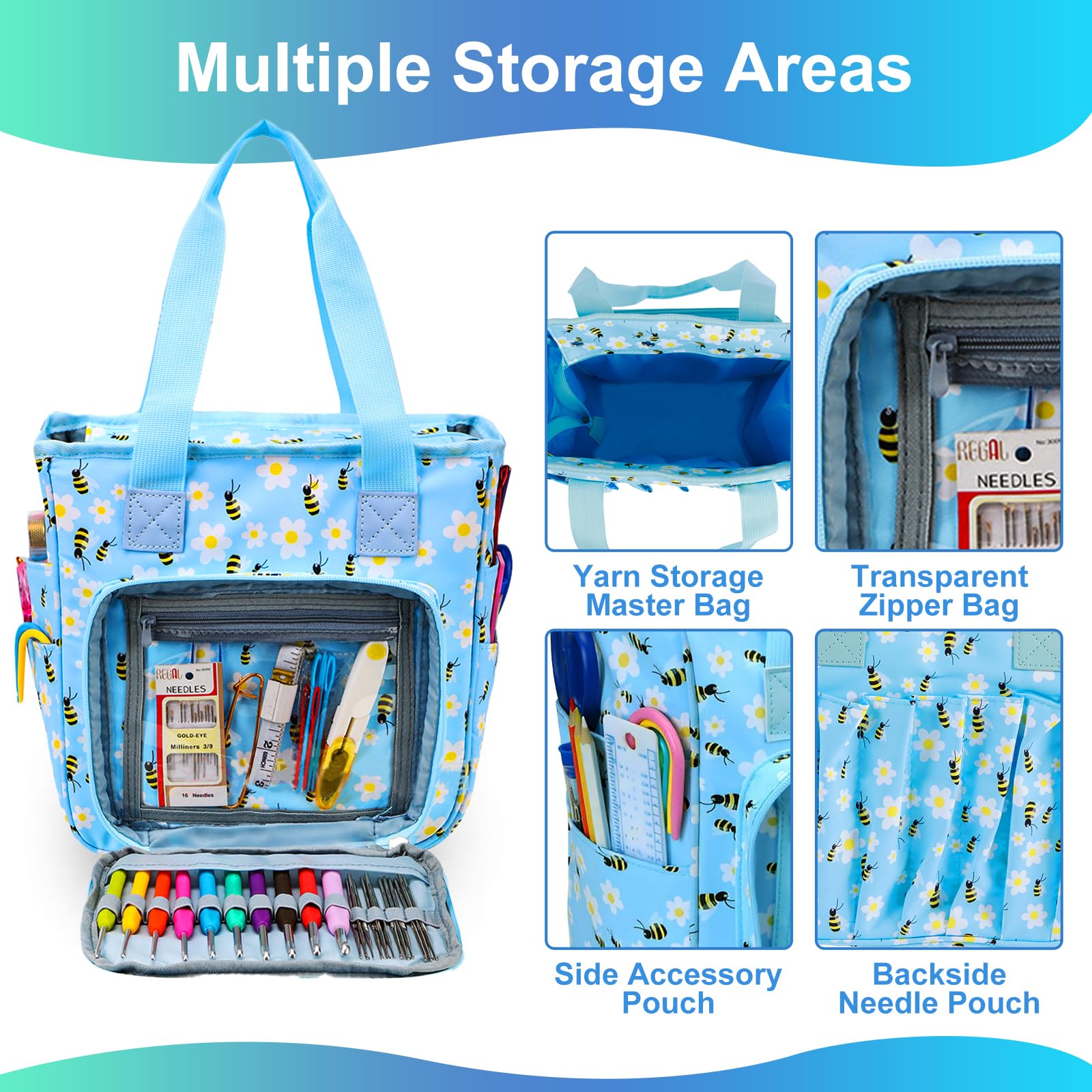 Oaygat Sac à Tricoter Rond Portable – Sac Fourre-Tout En Coton Pour Fil, Projets Et Accessoires