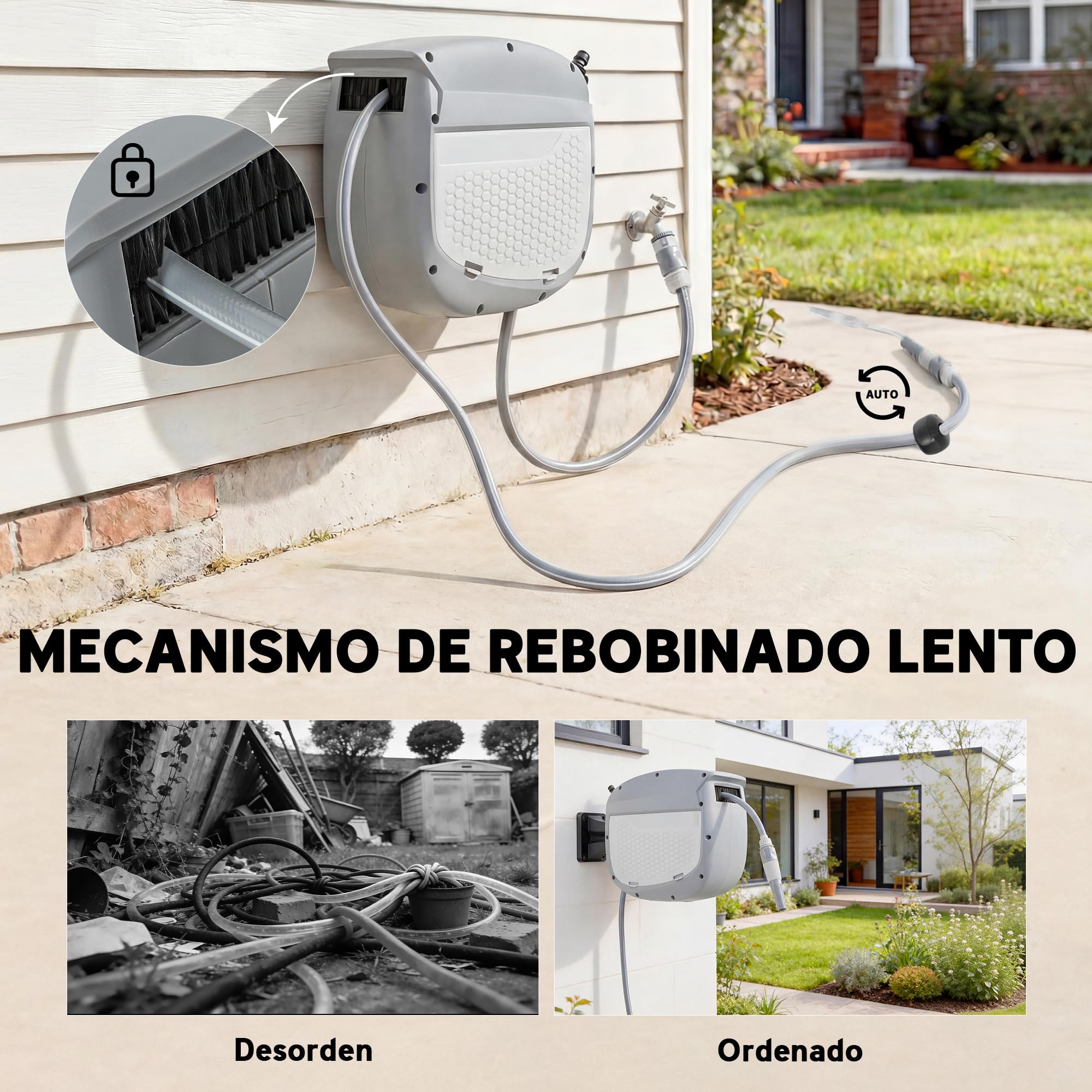 Outsunny Enrollador de Manguera para Jardín 10+1 m con Boquilla de 2 Modos, Carrete de Manguera de Jardín de Pared con Bloqueo Automático y Retracción Controlada, Soporte Orientable 180°, Gris