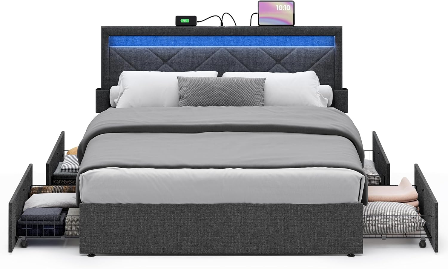 INCOMPLETE VASAGLE LED Bed Frame Queen Size, Queen Bed with Headboard and 4 Drawers, 1 USB Port and 1 Type C Port, Adjustable Upholstered Headboard 36.7/39.3 Inches, No Box Spring Needed, Dark Gray URMB821G71 Normal Headboard Queen Dark Gray