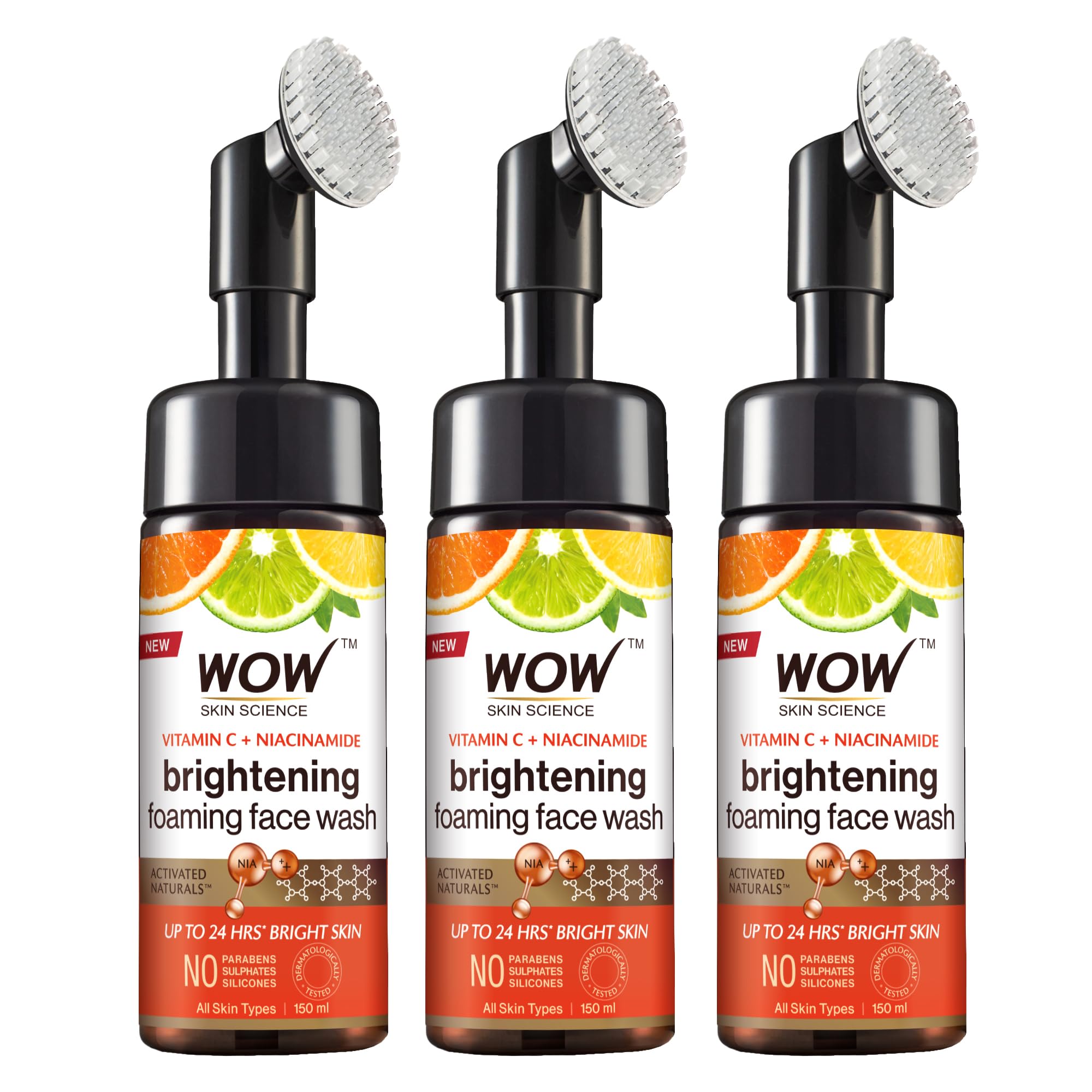 WOW Skin Science Brightening Vitamin C & Niacinamide Foaming Face Wash|For Brighter Glow|Built-in Brush for Deep Cleansing|Brightens & Evens Out Skin Tone|Face Wash for Women & Men|150ml|Pack of 3