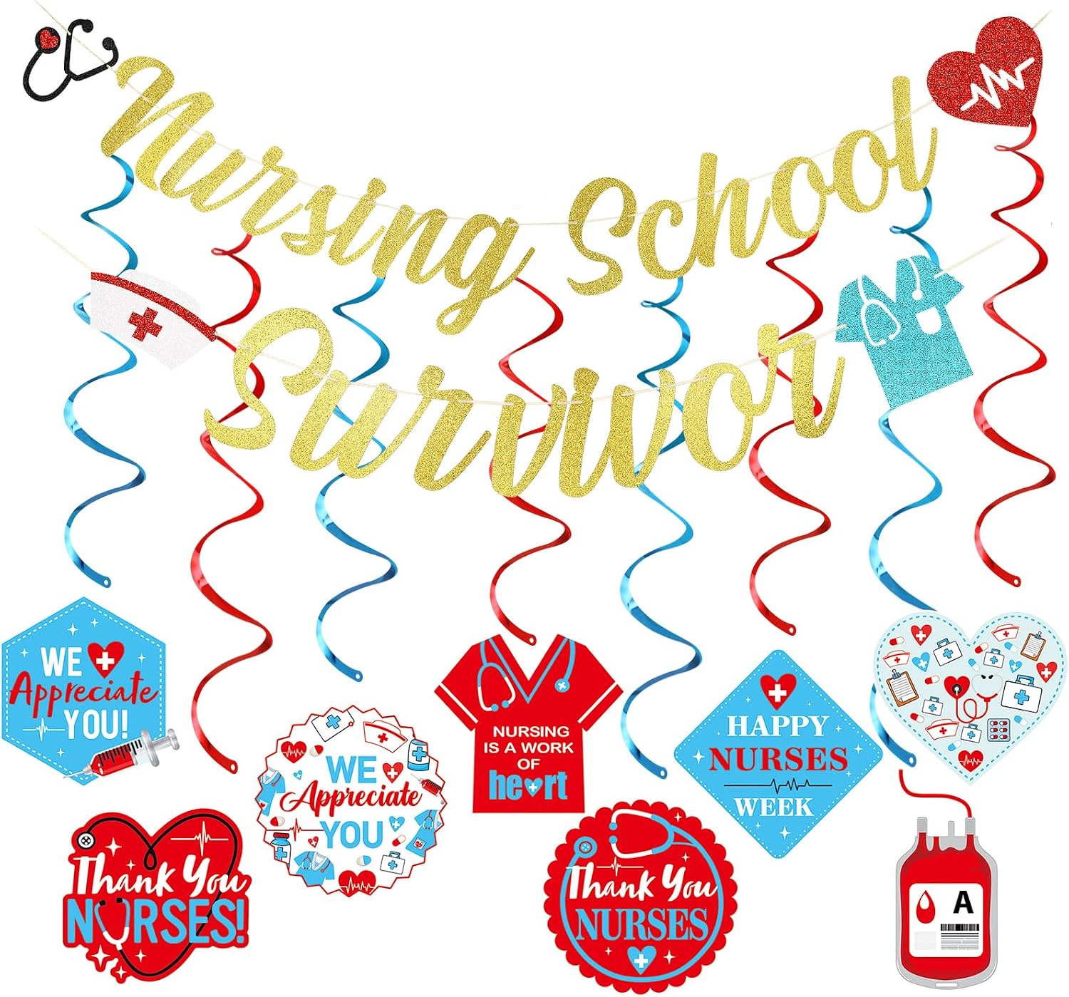 Glitter Nursing School Survivor Banner - Gold & Red Grad Decoration For RN, Class Of 2022 Party