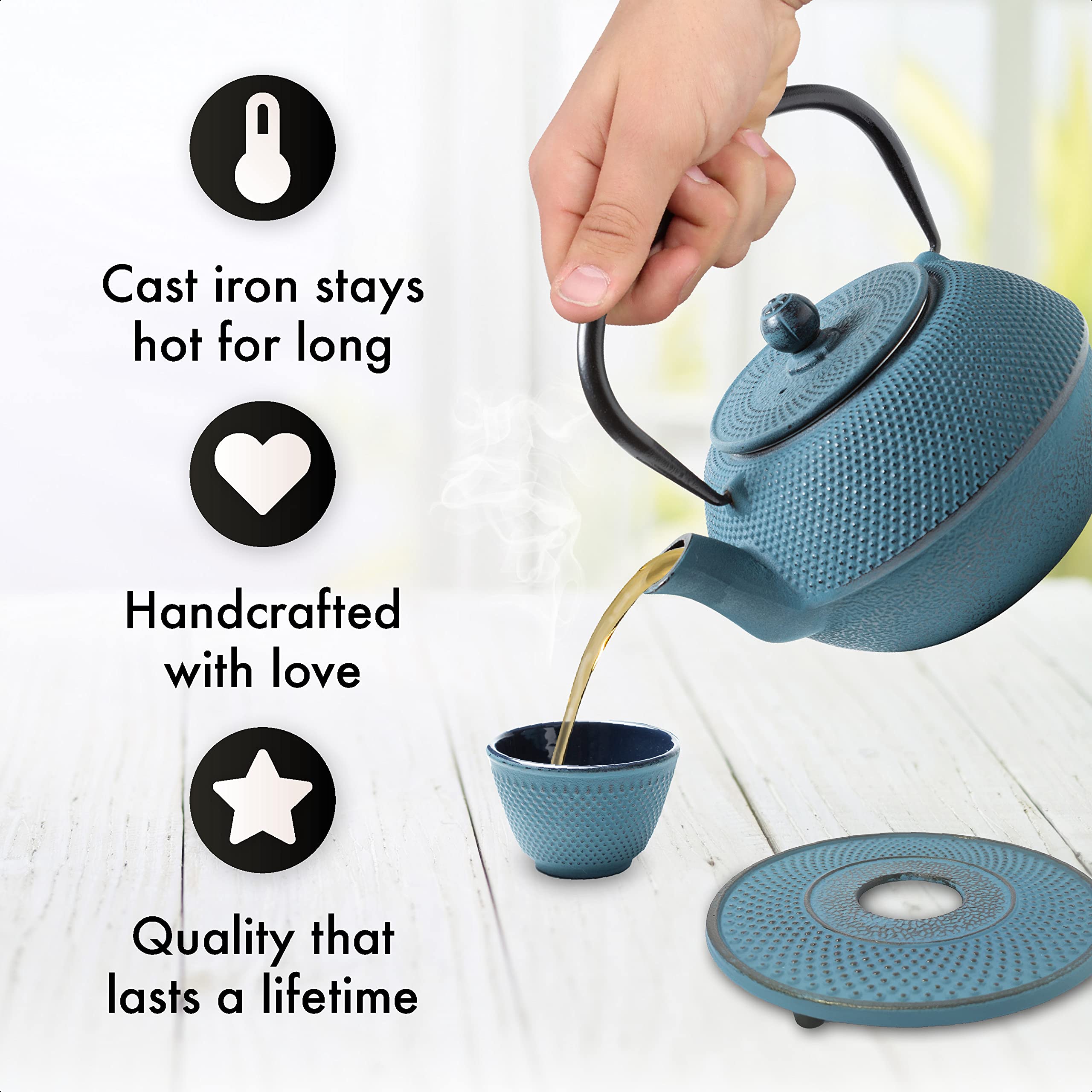 TETERA HIERRO FUNDIDO 1,1 LITRO SET – SERVICIO DE TÉ COMPLETO de Tetera de Hierro Fundido con Infusor, Tazas de té y Salvamantel – Interno smaltato - Diseño de Estilo Japonés - Azul