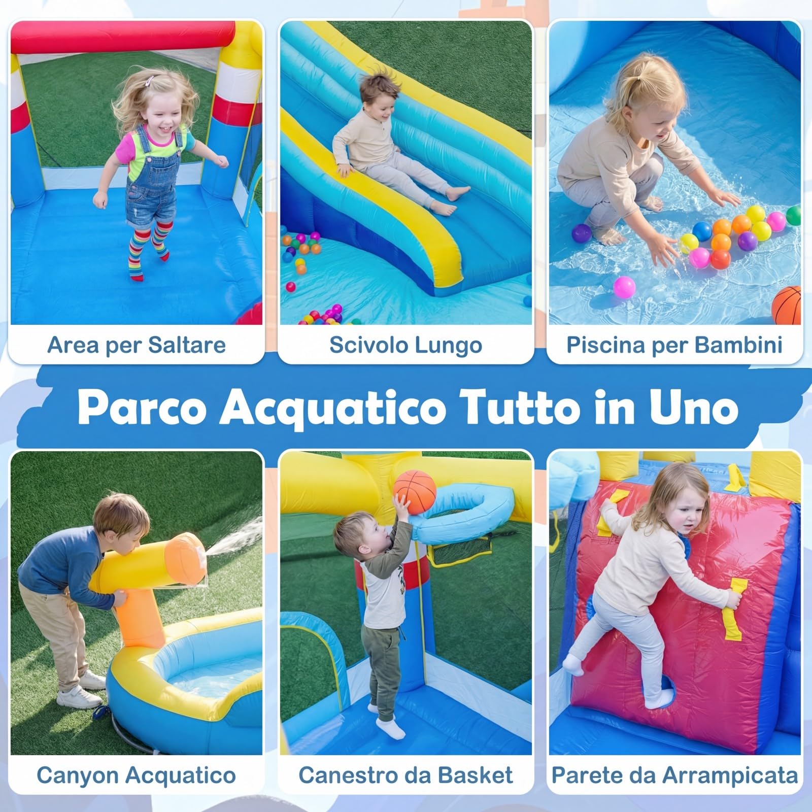 COSTWAY Castello Gonfiabile per Bambini, Casa Gonfiabile con Piscina Splash, Cannone d'Acqua, Area di Rimbalzo, Scivolo Lungo, Parete d'Arrampicata, per Bambini 3-12 Anni (Senza Soffiatore)