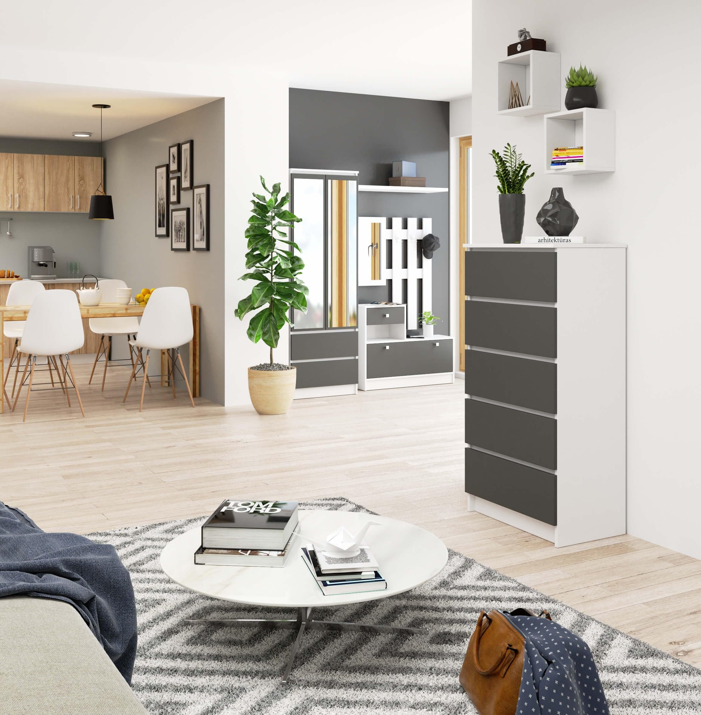AKORD Cassettiera K60 con 5 Cassetti | Credenza Alta | Moderna Mobiletto per Soggiorno Sala da Pranzo Camera da Letto Corridoio Bagno | Armadio Cameretta | 60x121x40 cm, 39kg | Bianco/Grigio grafite