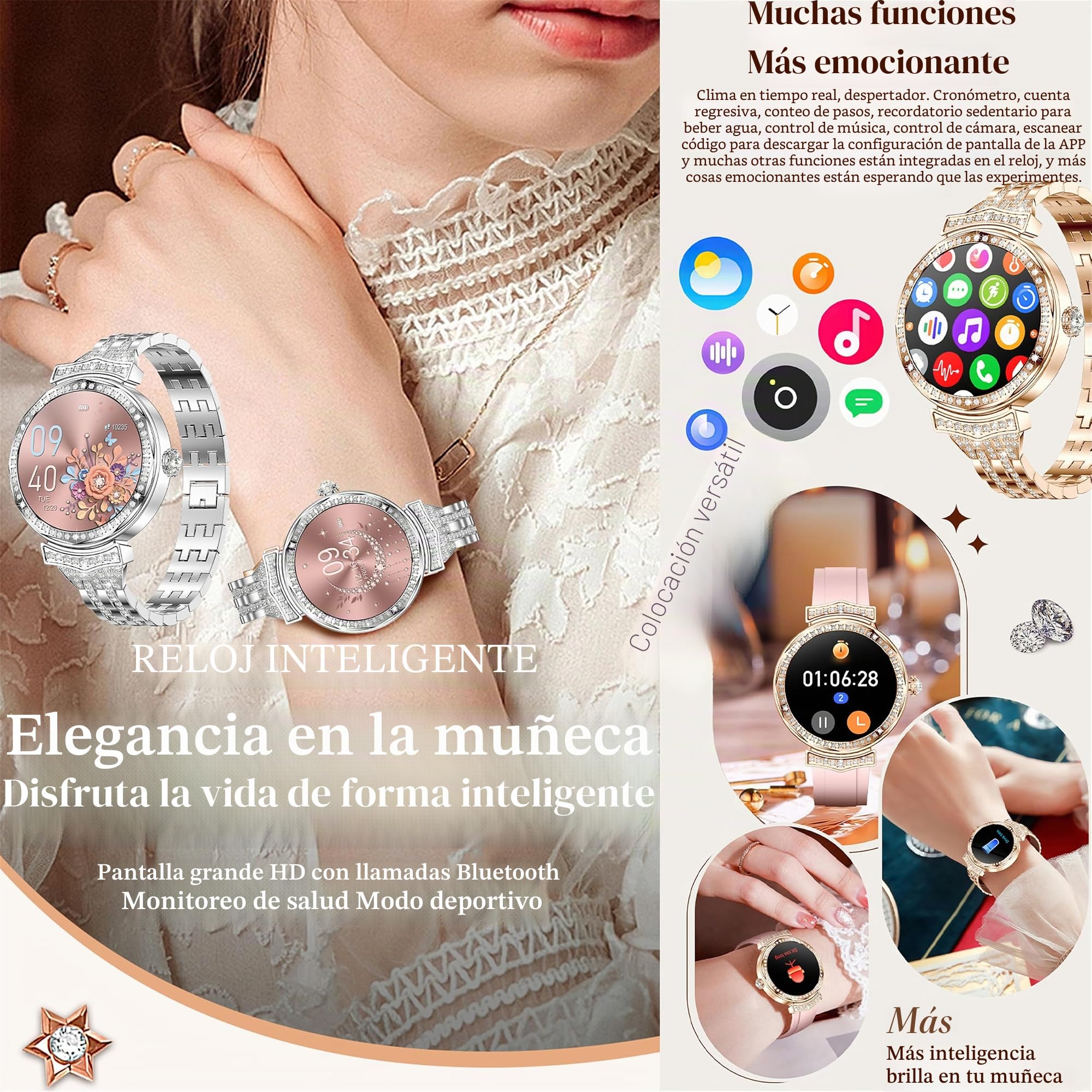 Reloj Inteligente Mujer con Llamadas, 1,32” AMOLED 5ATM Smartwatch Deportivo con Podometro Pulsometro SpO2 Sueño Presion Arterial Pulsera Actividad 5ATM Reloj para iOS Android, 3 Correas (plateado)