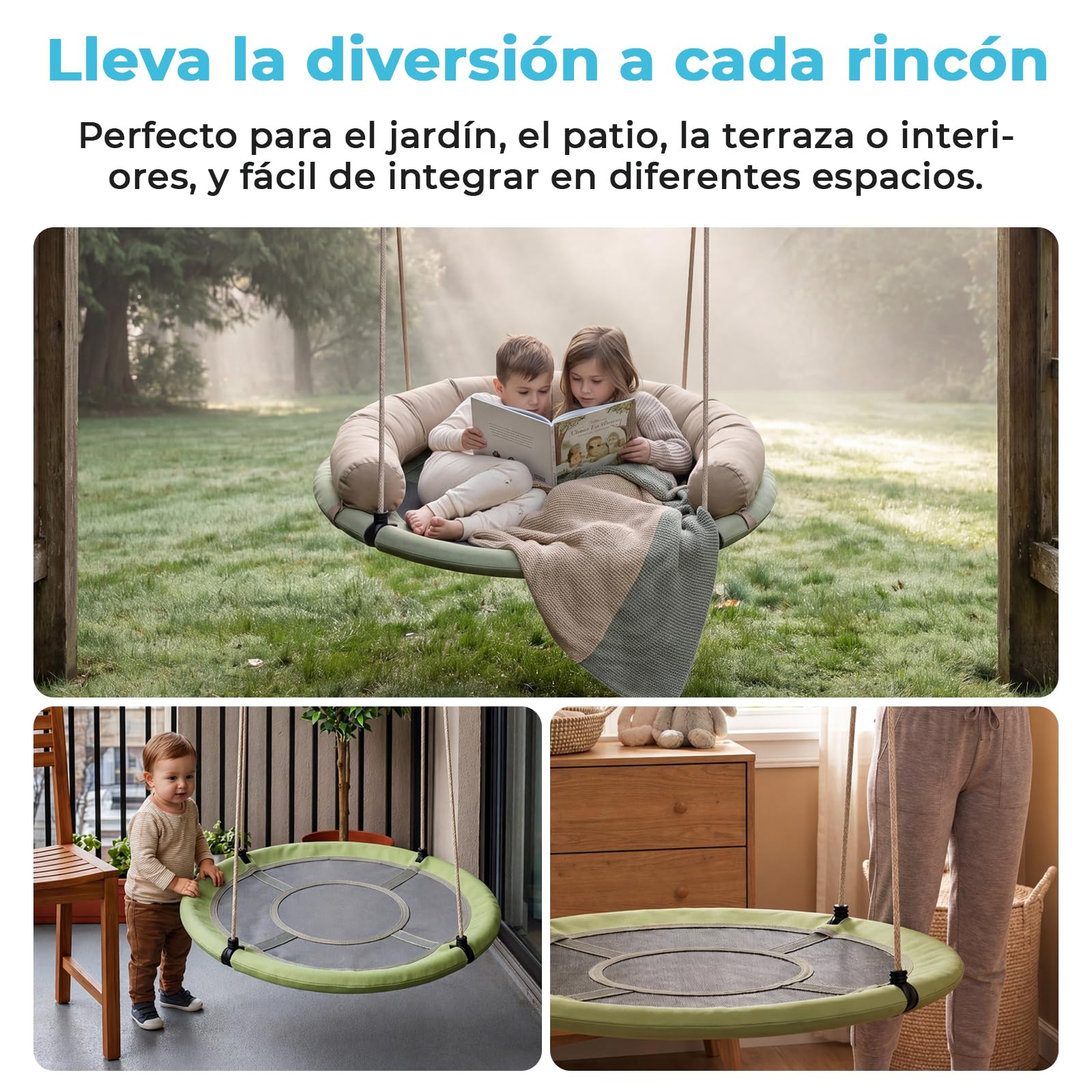 Nido de Columpio para Interior y Exterior, 120cm de Diámetro, Columpio Tipo Plato con Cuerdas Ajustables de 100 a 180cm, hasta 300kg, Resistente a la Intemperie, Columpio para Niños y Adultos