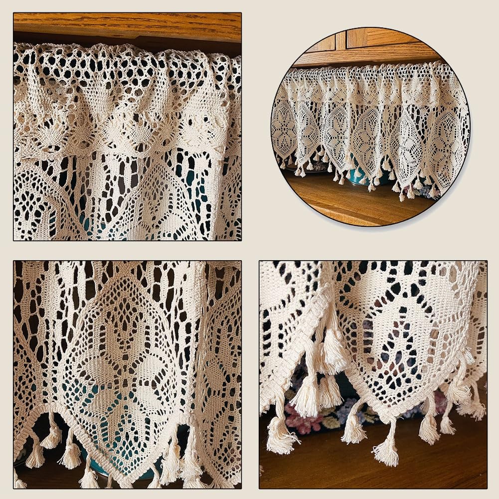 Tenda da Cucina all'Uncinetto Vuoto, Tendine per Piccole Finestre Stile Rustico Tenda Mezza con Piccola Nappa Tendine per Piccole Trasparenti Bohemian (Color : Beige, Size : 180x90cm/71x35in)