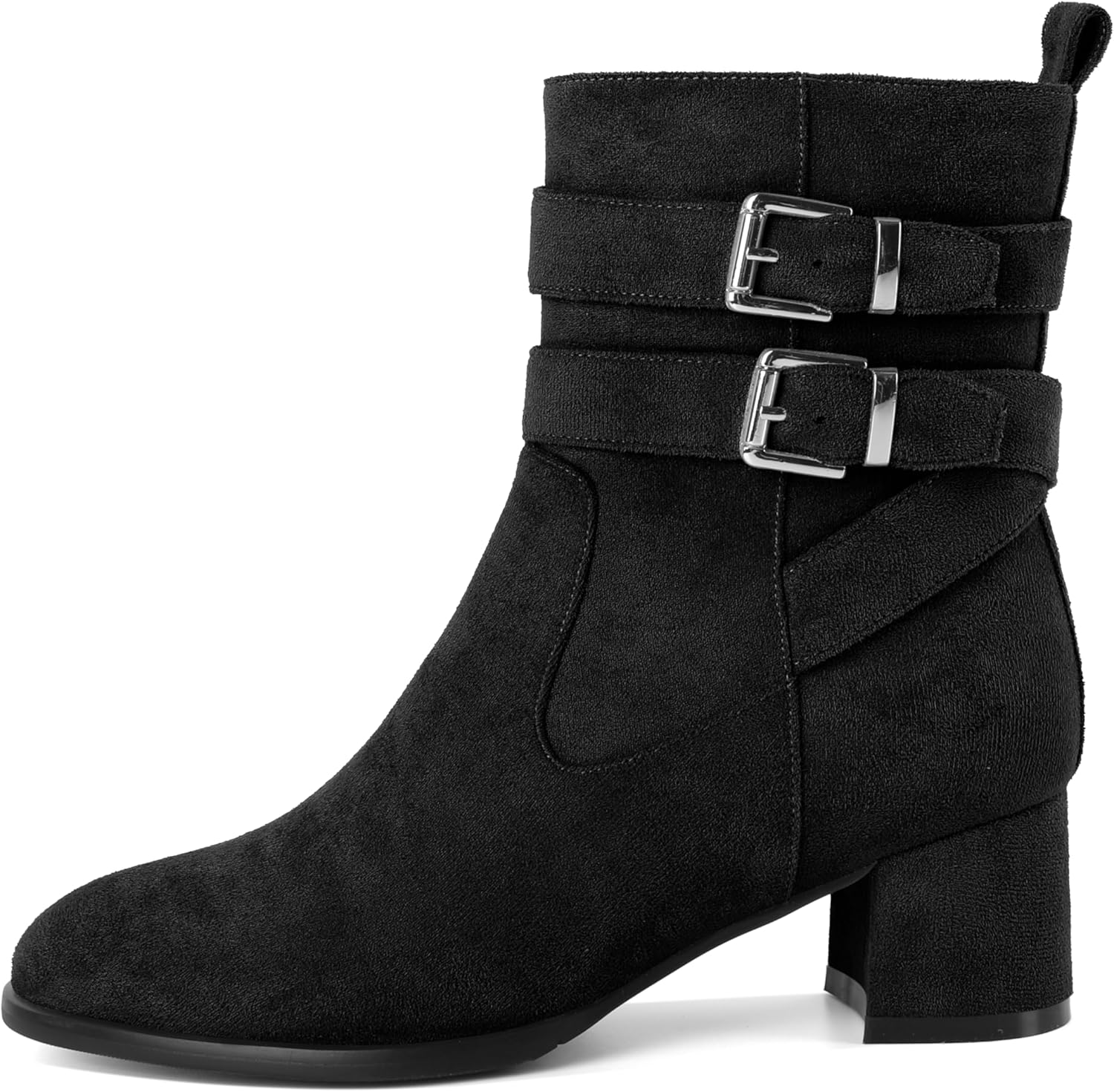 AUMOTED Kitten Low Ankle Boots for Women Chunky Block Heel Bootie Side Zipper Round Toe Double Adjustable Buckle Boots Women 2 Inch Heeled Boots - Image 4