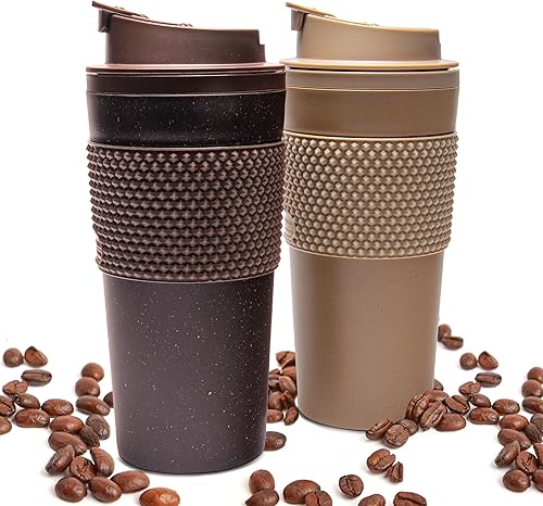 Juego de vasos de café de 16 onzas, paquete de 2, fabricado con posos de café real, doble pared desmontable y aislada, listo para portavasos y