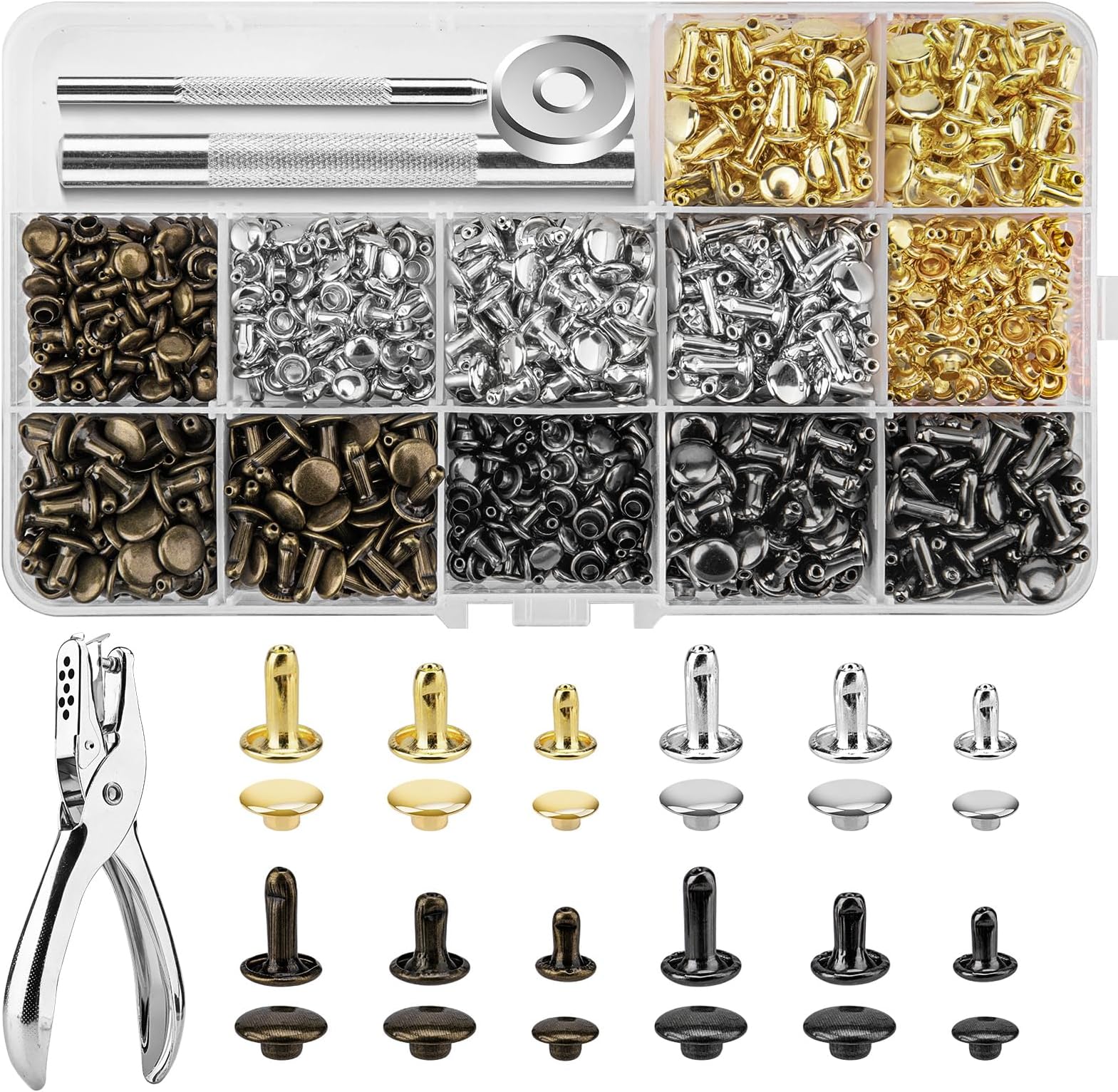 480 Sets 3 Sizes Leather Rivets Kit, Double Cap Rivet Tubular Metal Studs with Setting Tool Kit for DIY Leather Crafts, Repairs, Clothing, Belt, 4 Colors (Gold, Silver, Bronze and Gunmetal)