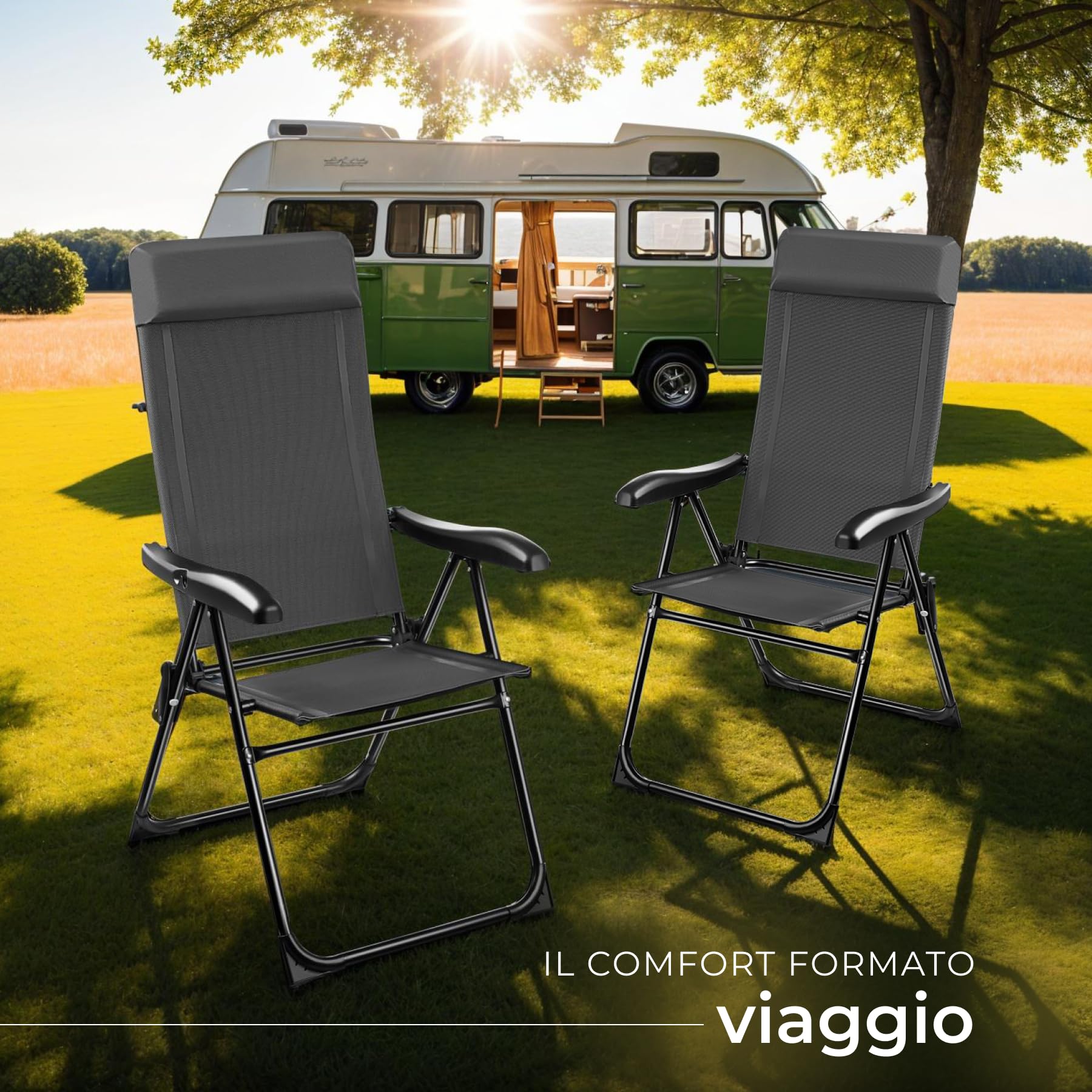 tectake® Set 2 Sedie Campeggio Pieghevoli, Schienale Regolabile 7 Posizioni, Alluminio Inossidabile, Textilene Traspirante, Braccioli Ergonomici, Cuscino Poggiatesta Rimovibile Antiscivolo - Antracite