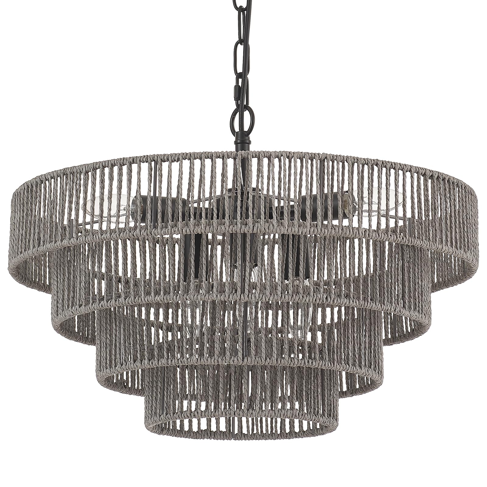 Photo 1 of ELYCCUPA 20” Hand-Woven Rattan Chandelier 6-Lights Transitional Minimalist 4 Round Boho Large Coastal Pendant Light for Kitchen Island Dining Room Living Room Hallway, Gray, UL Listed