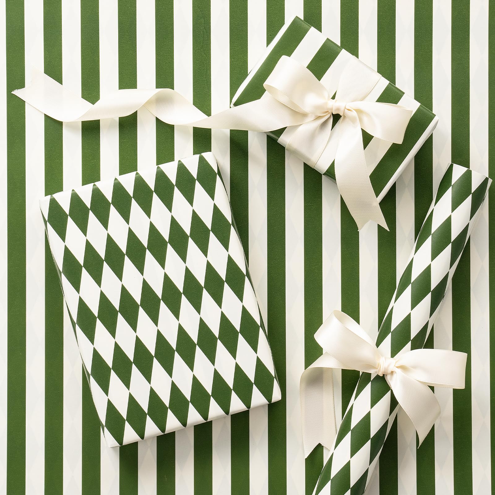 RUSPEPA Mini Reversible Green Wrapping Paper Olive Cream Stripes & Diamond Pattern For Birthdays Weddings Baby Showers Easter Spring Gifts Holidays 43.2cm x 5m