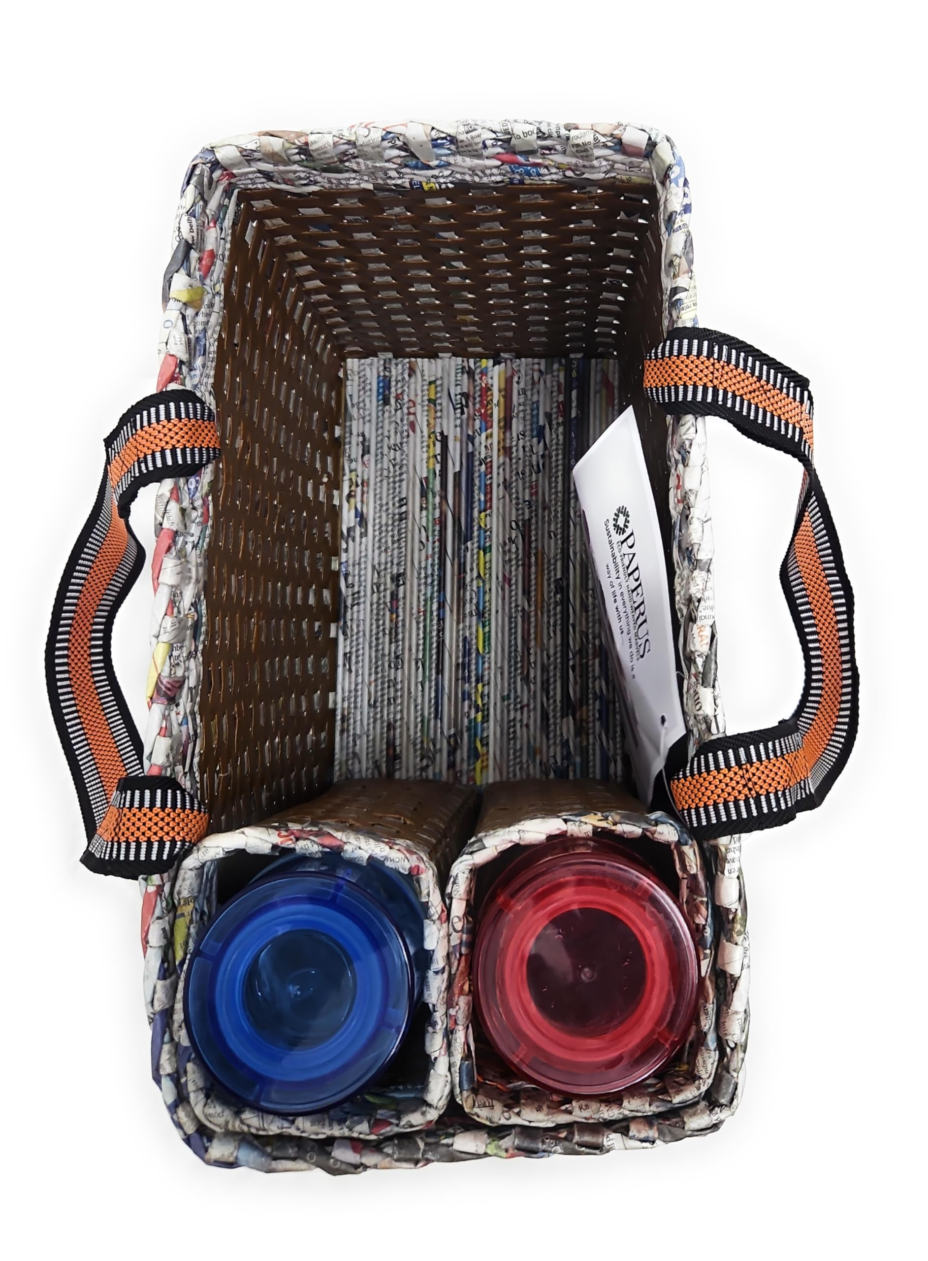 Sonas Creation Paperus, Brown Check, Large, Lunch Bag with 2 Bottle Holders, Picnic Basket, Travel Bag, Eco-Friendly, Handmade, of Paper Ropes, Length 14”, Height 11” & 7 Inch Broad Base
