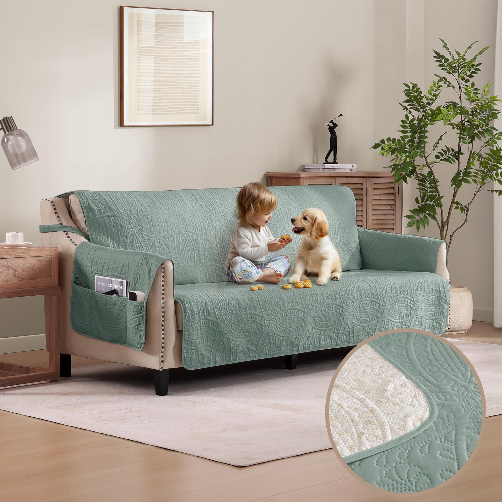 Sage Blue Quilted Sofa Cover, Anti-Slip Medallion Designed Couch Covers for 3 Cushion Couch, Sofa Slipcovers for Dogs Cats Water-Repellent, Machine Washable (Large Sofa 68", Sage Blue)