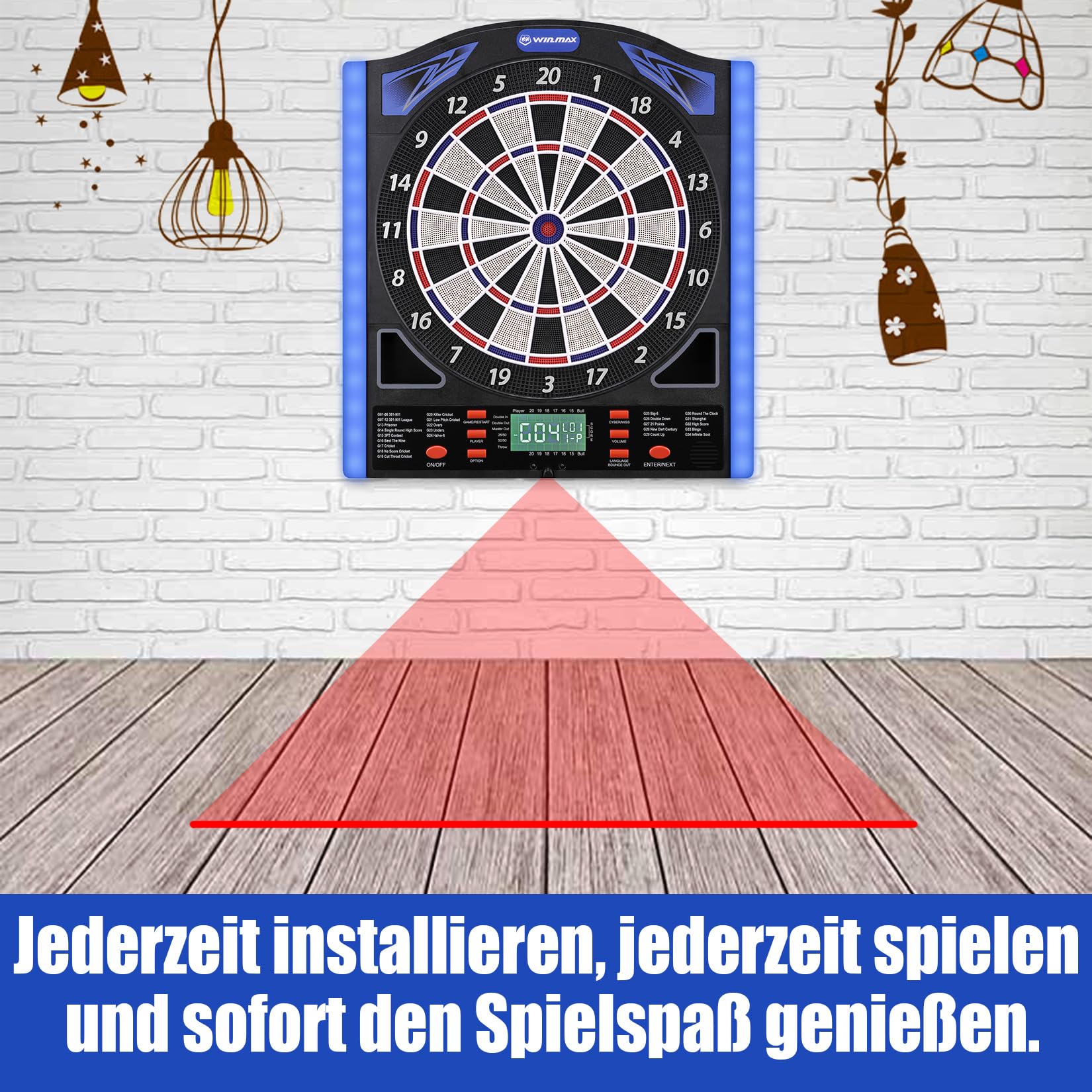 WIN.MAX Cible de fléchettes électronique professionnelle avec marqueur laser | Marqueur Toe Line avec voix allemande - Convient pour batteries/adaptateurs pour 1 à 8 joueurs avec 12 fléchettes