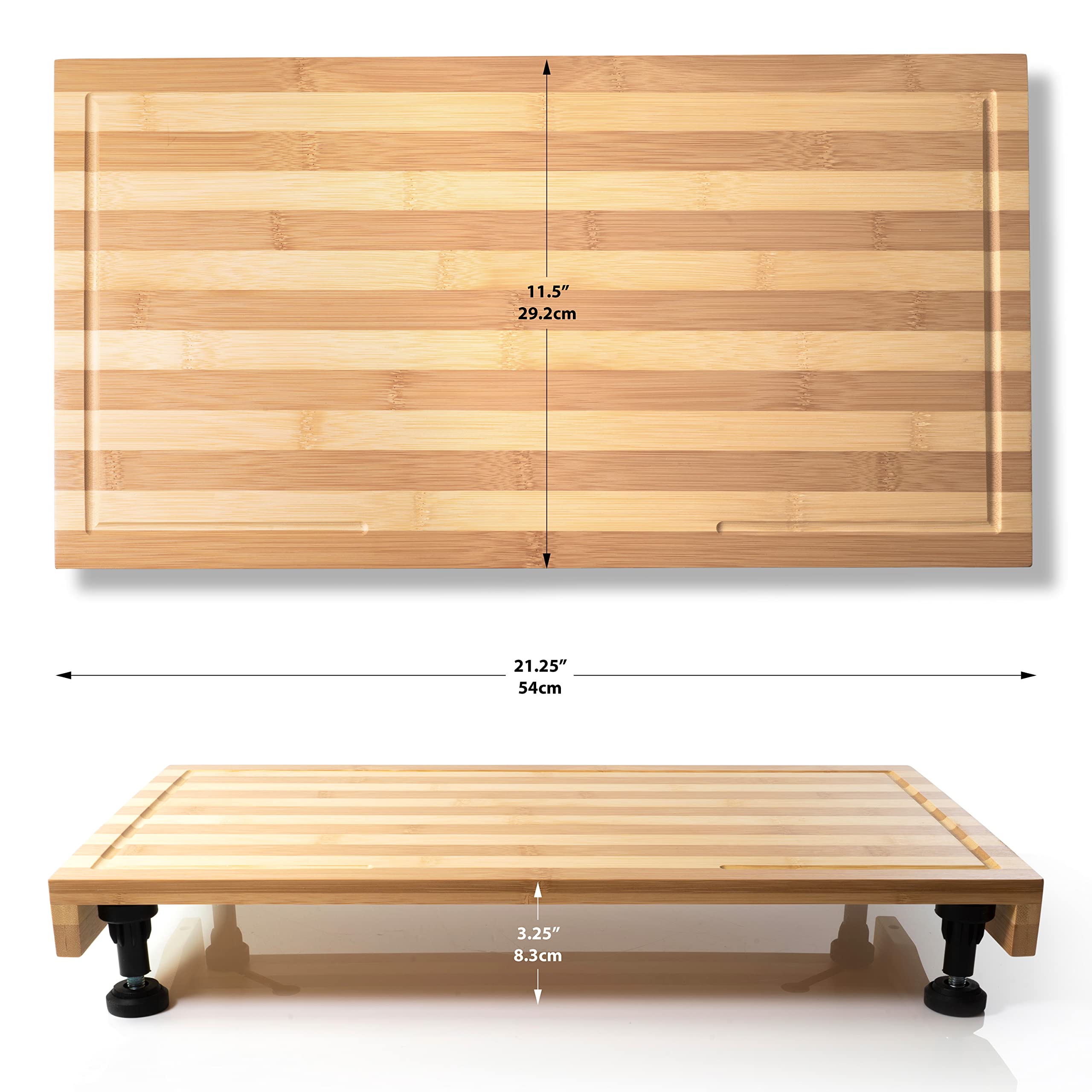 Ceaz Tabla de cortar de bambú con patas ajustables, bloque de carnicero de corte de madera y cubierta de estufa para cocina y caravana, completa con cubiertas de silicona para alimentos
