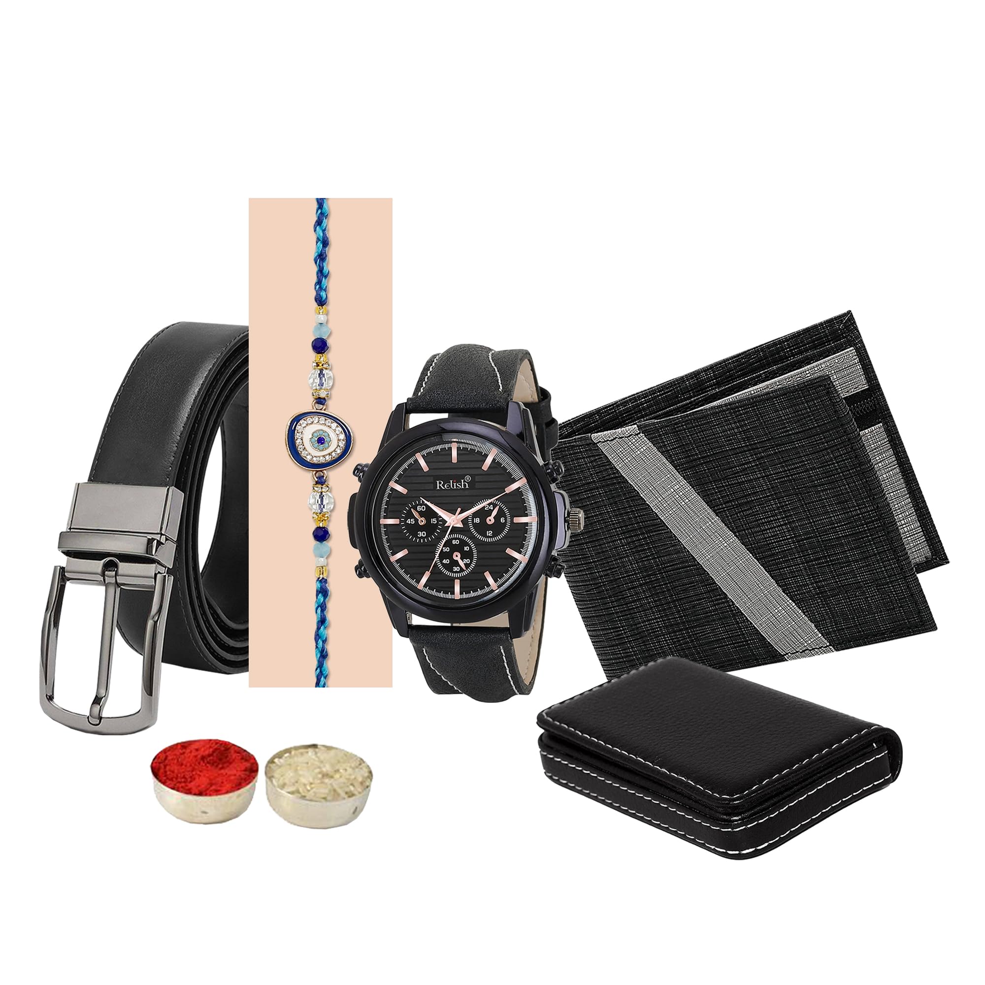 Relish Raksha Bandhan Combo Analogue Watch, Wallet, Black Cardholder, Belt, Rakhi Roli Chawal Pack | Gift Pack Set for Brother (B0C5RH5V4P) Amazon Price History, Amazon Price Tracker