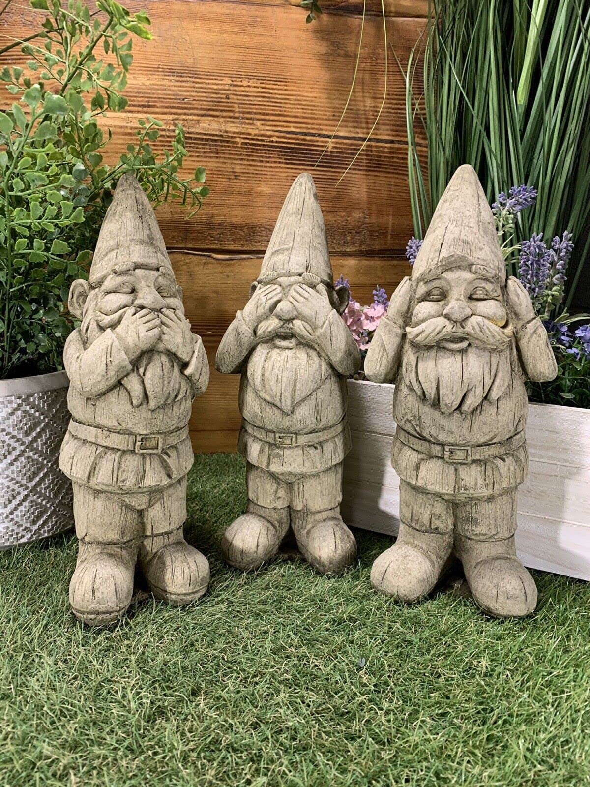 STONE GARDEN SEE HEAR SPEAK NO EVIL GNOME PIXIE STATUE ORNAMENT