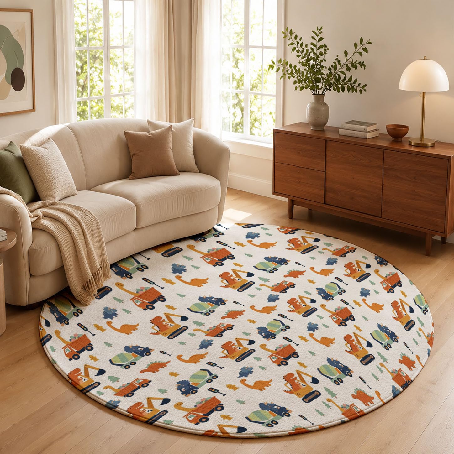 Tappeto per Bambini Stile cartone animato Gioco Rotondo 180cm | Tappeto Salotto, Morbido Veicolo costruzionenosauro Tappetini Antiscivolo Tappetos per Cameretta CucinaColore arancione
