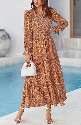 Miniatura 3 de BTFBM Vestidos de mujer casual de manga larga con cuello redondo para otoño, bohemios, de ajuste relajado, florales, fluidos, maxi, vestidos