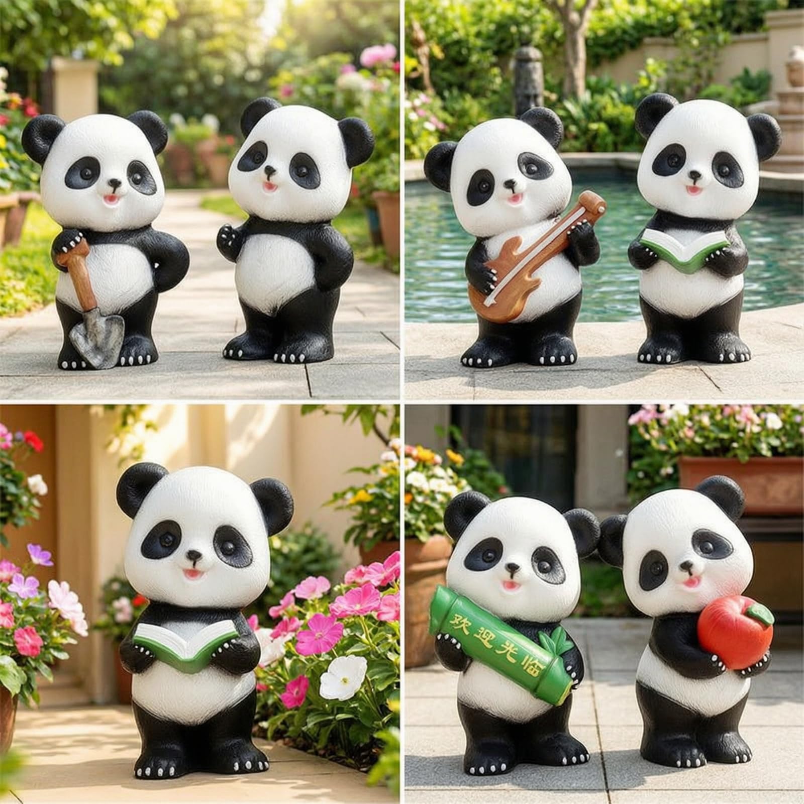 predolo 5 Stück Pandabären-Gartenfigur mit Requisite frostbeständig Pandabären-Figur süß Dekofigur für Gartenliebhaber, Familien, Hof
