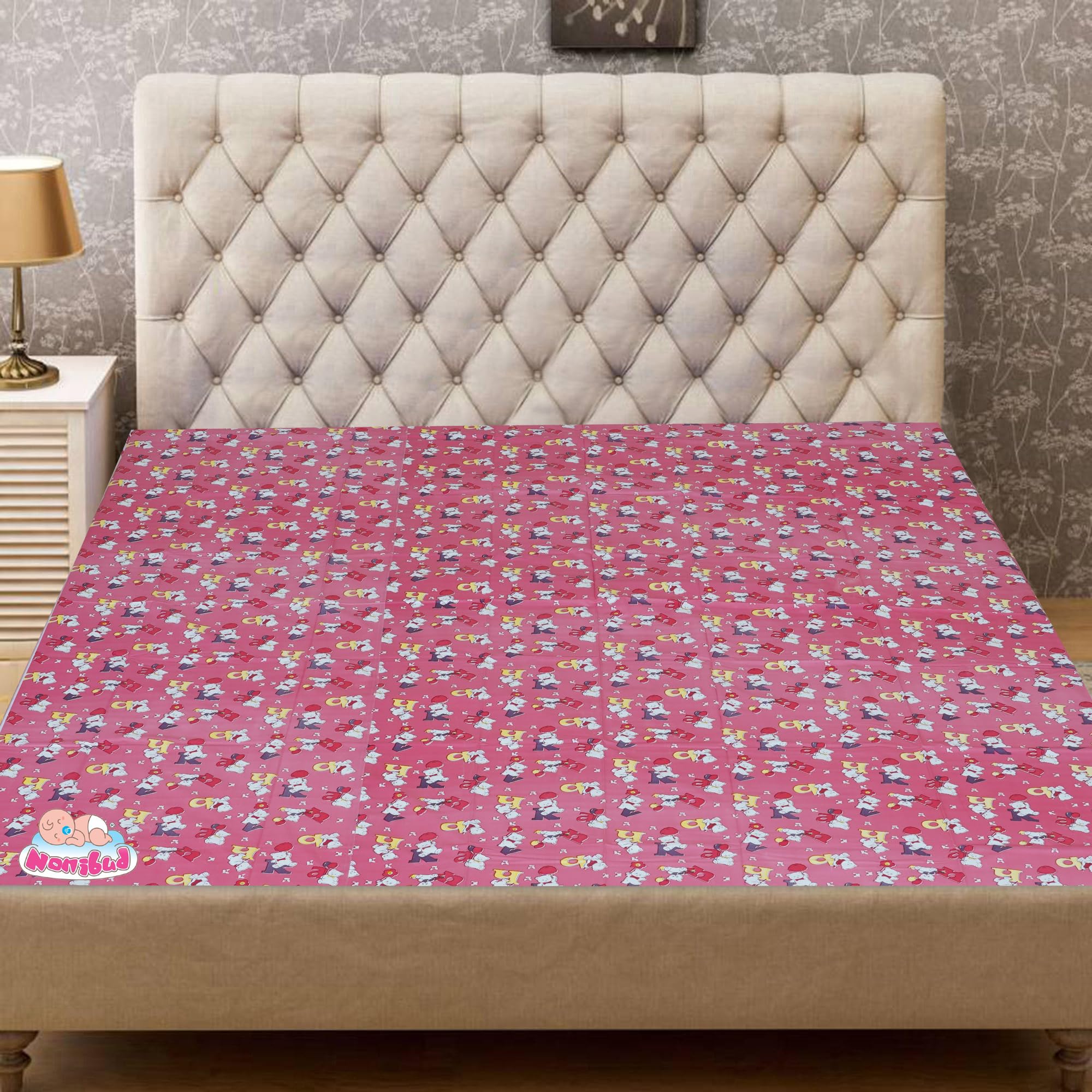 Waterproof Noiseless Designer Plastic Mattress Protection Sheet for Baby and Adult - Single Bed Size - 6 ft x 4.5 ft (Pink Alphabet)