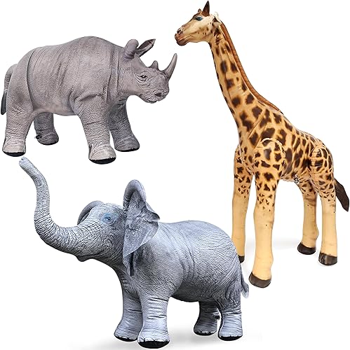 Jet Creations Safari - Animal de vida silvestre, paquete de 3 elefantes (19 pulgadas), jirafa (36 pulgadas), rinoceronte (18 pulgadas), animales