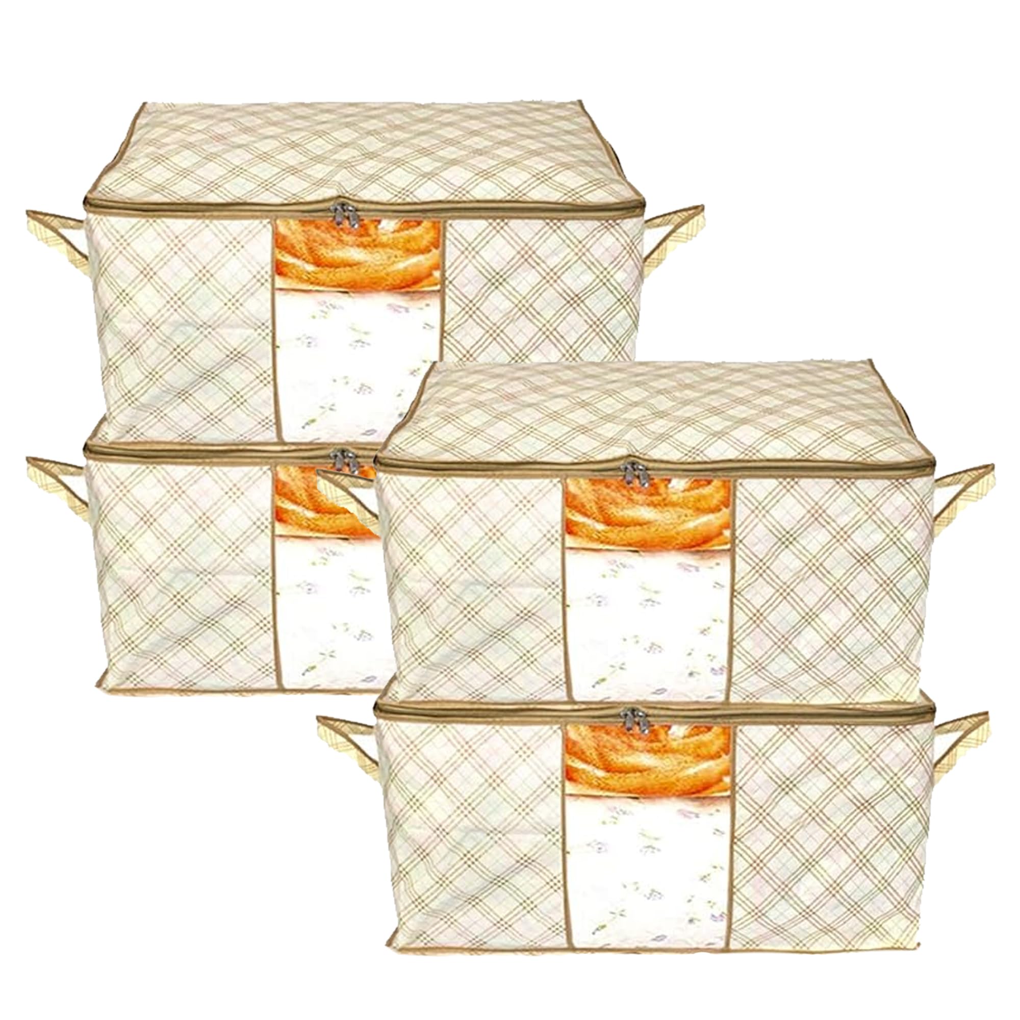 Kuber Industries (Pack of 4) Underbed Storage Bag | Check Print | Large Blanket Organizer | Clothing Storage Bag | Clear Window & Handle Storage Bag | Kambal Storage Bag | Ivory (B0D8SRDDFW) Amazon Price History, Amazon Price Tracker