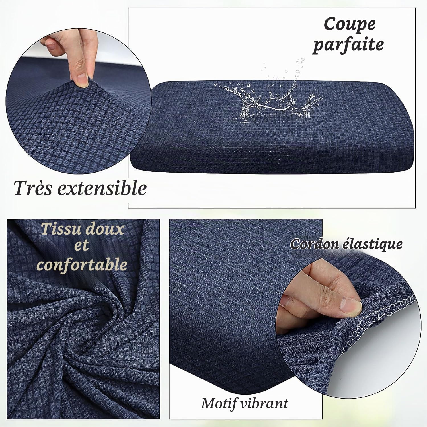MALLOOM Lot de 8 Housses Extensibles imperméables pour Coussins d’extérieur – Housses de Rechange lavables pour canapé de Jardin ou d’intérieur (Bleu Marine, Housses Uniquement)