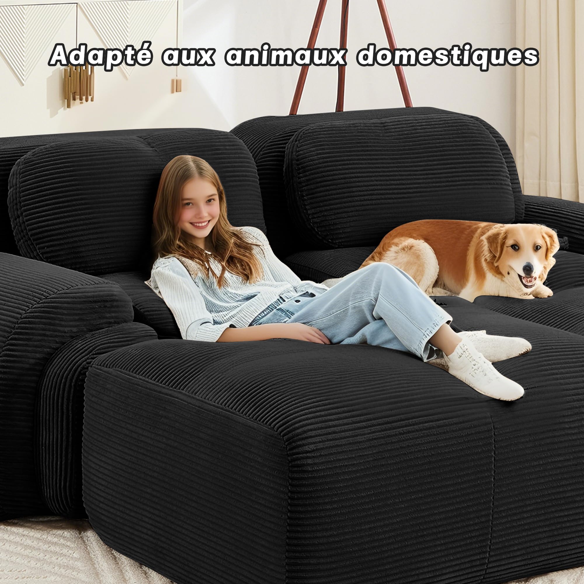 Canapé-lit Modulaire Désossé, Velours côtelé Canapé 2 Places et 2 Pouf, Configuration Libre, Loveseat Longue Canapé de Salon, sans Montage